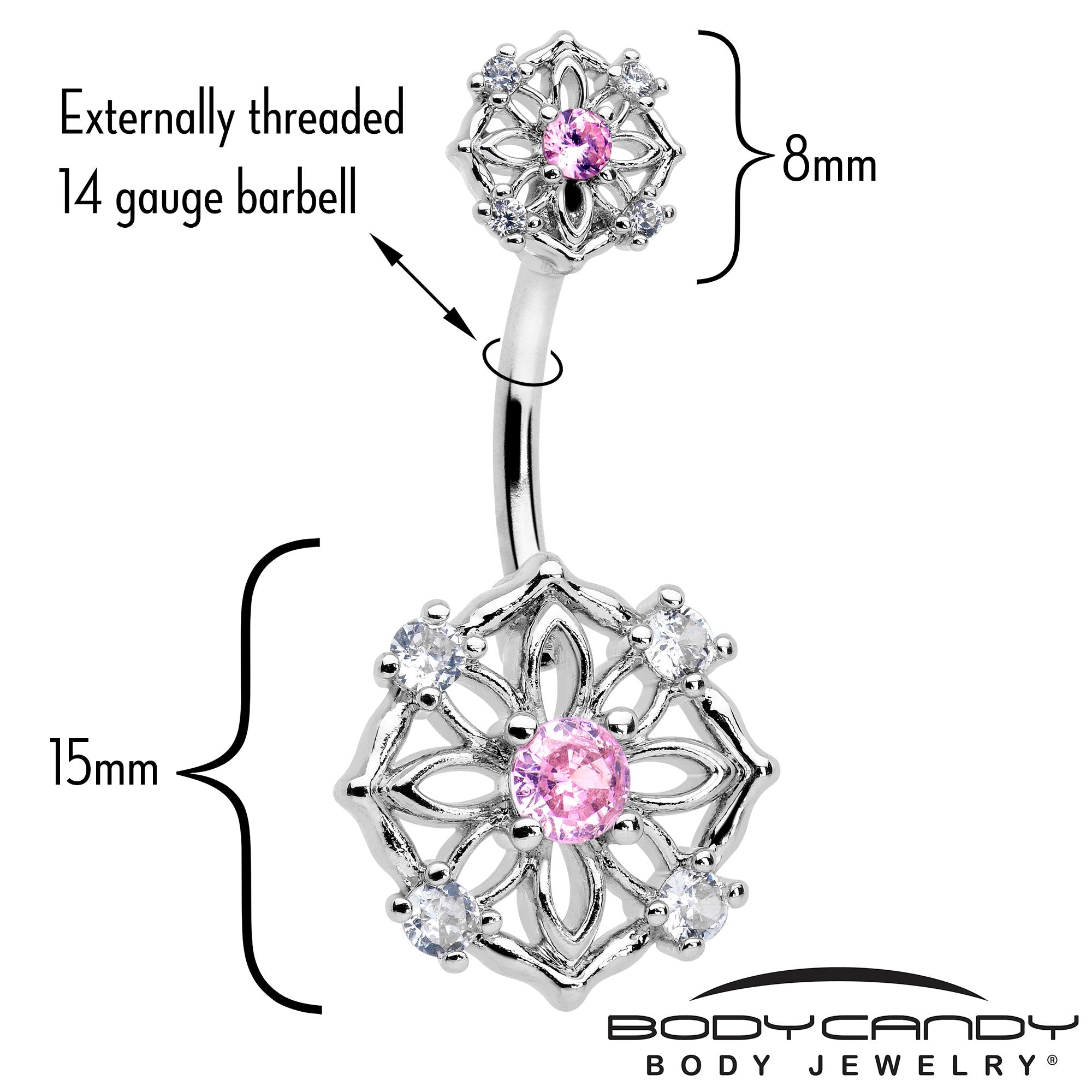 BodyCandy Pink CZ Gem Flower Circle Double Mount Belly Ring — detail close-up