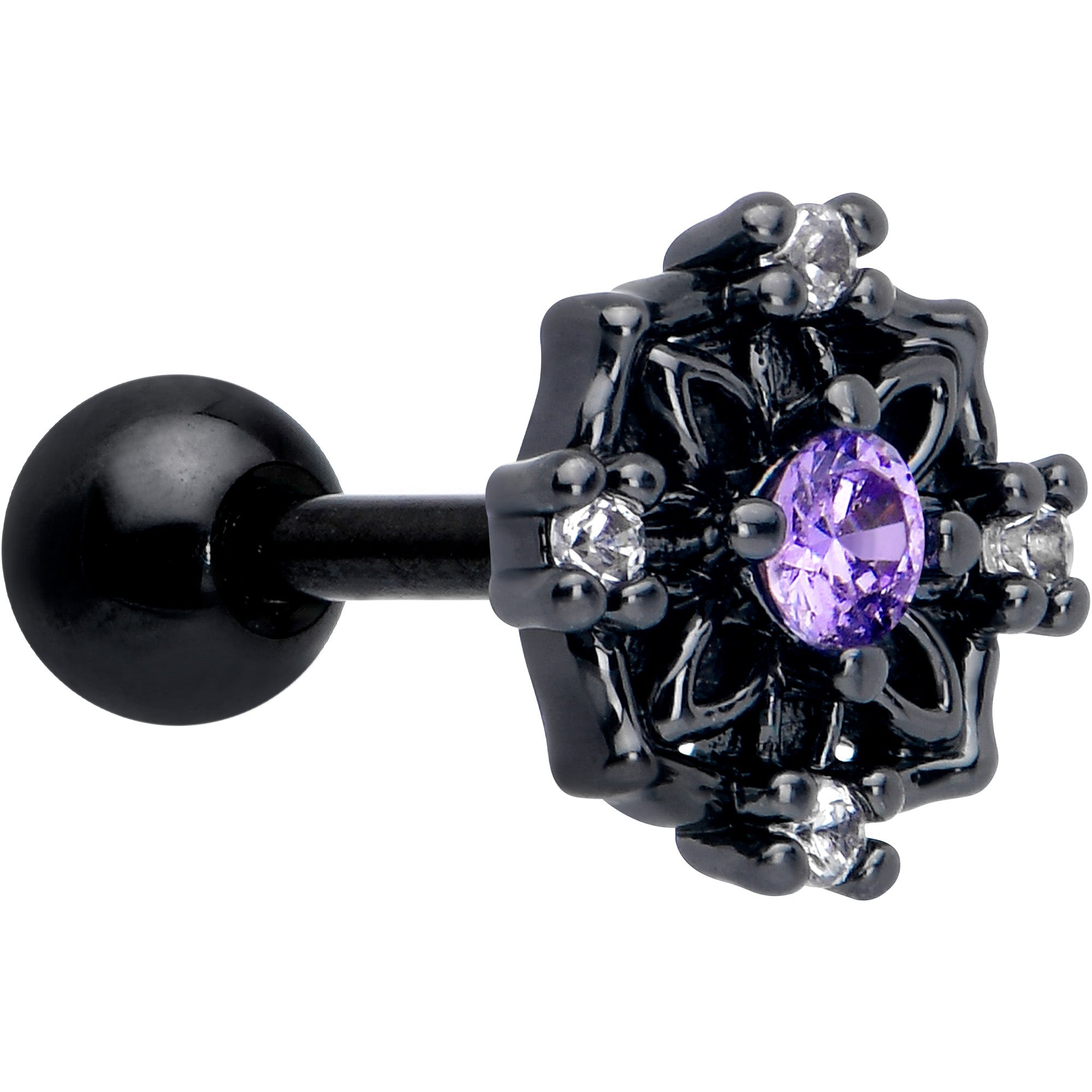 BodyCandy 16G 1/4 Purple CZ Gem Black Flower Ring Cartilage Tragus Earring — main product shot
