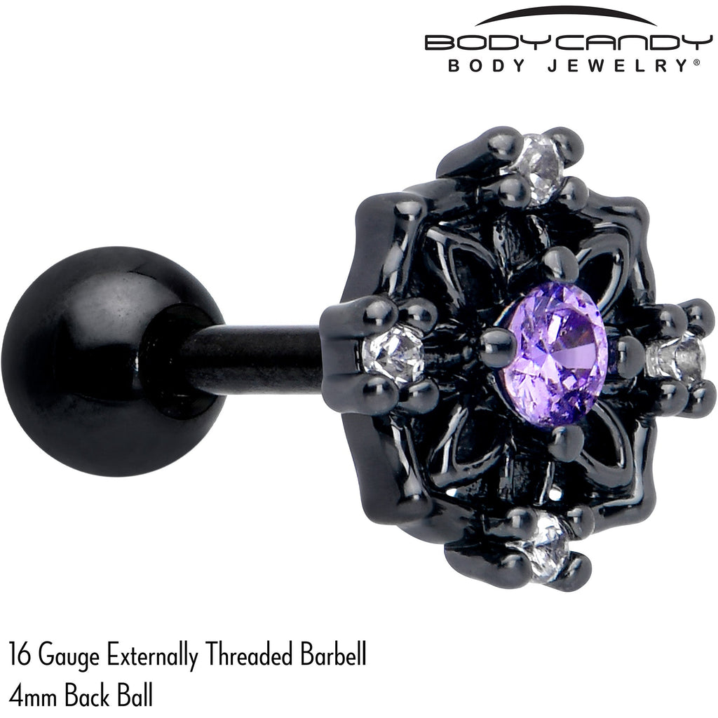 BodyCandy 16G 1/4 Purple CZ Gem Black Flower Ring Cartilage Tragus Earring — detail close-up