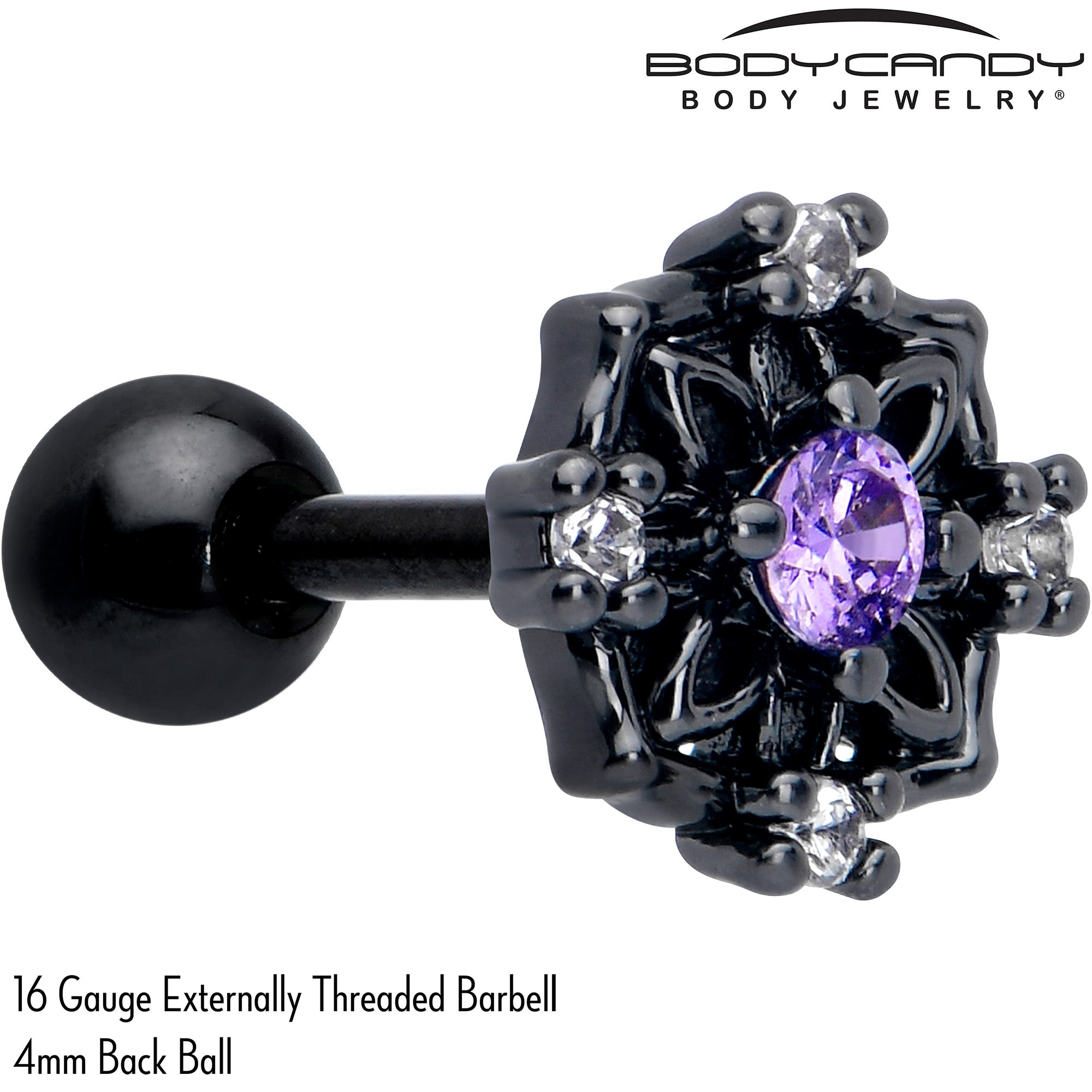 BodyCandy 16G 1/4 Purple CZ Gem Black Flower Ring Cartilage Tragus Earring — detail close-up