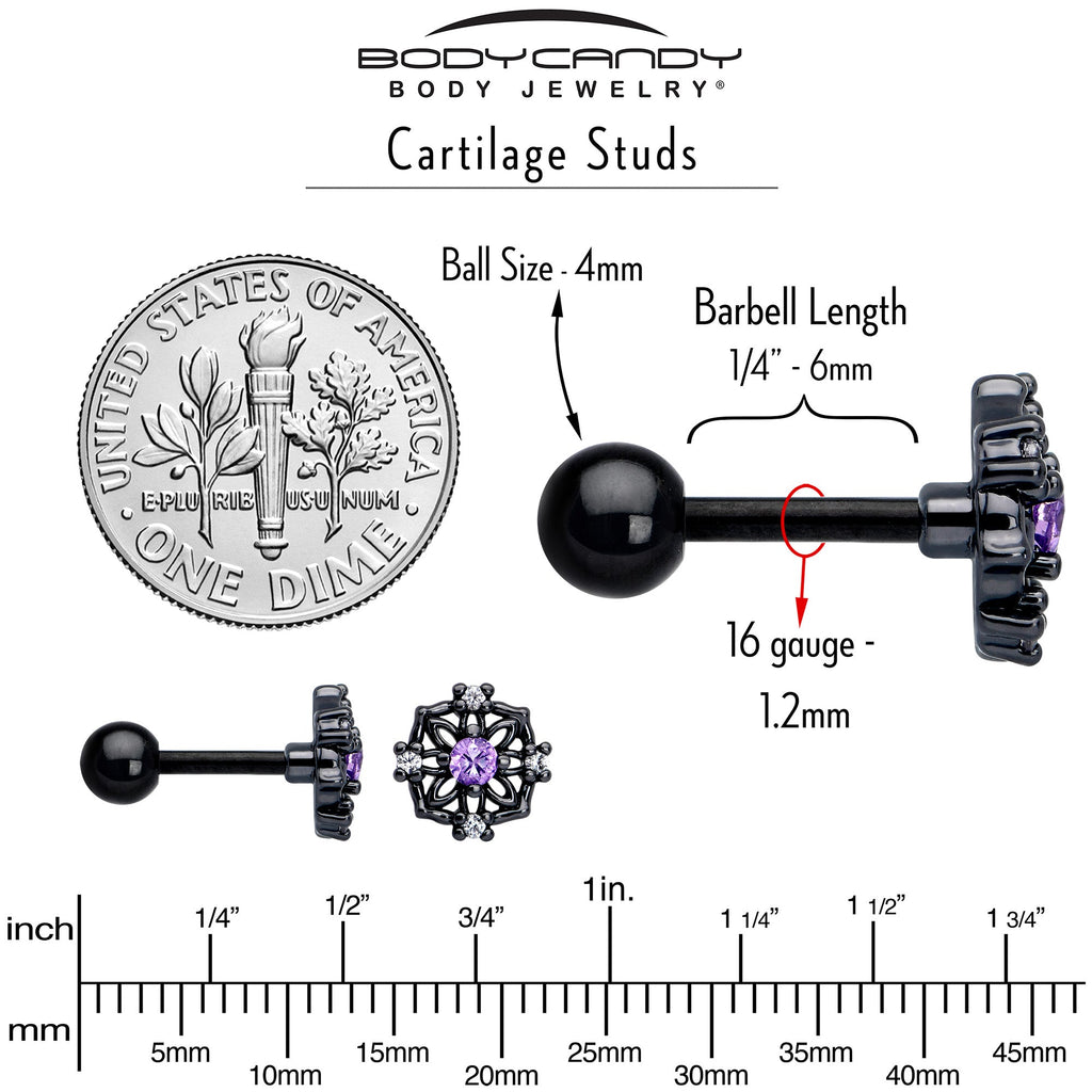 BodyCandy 16G 1/4 Purple CZ Gem Black Flower Ring Cartilage Tragus Earring — back view