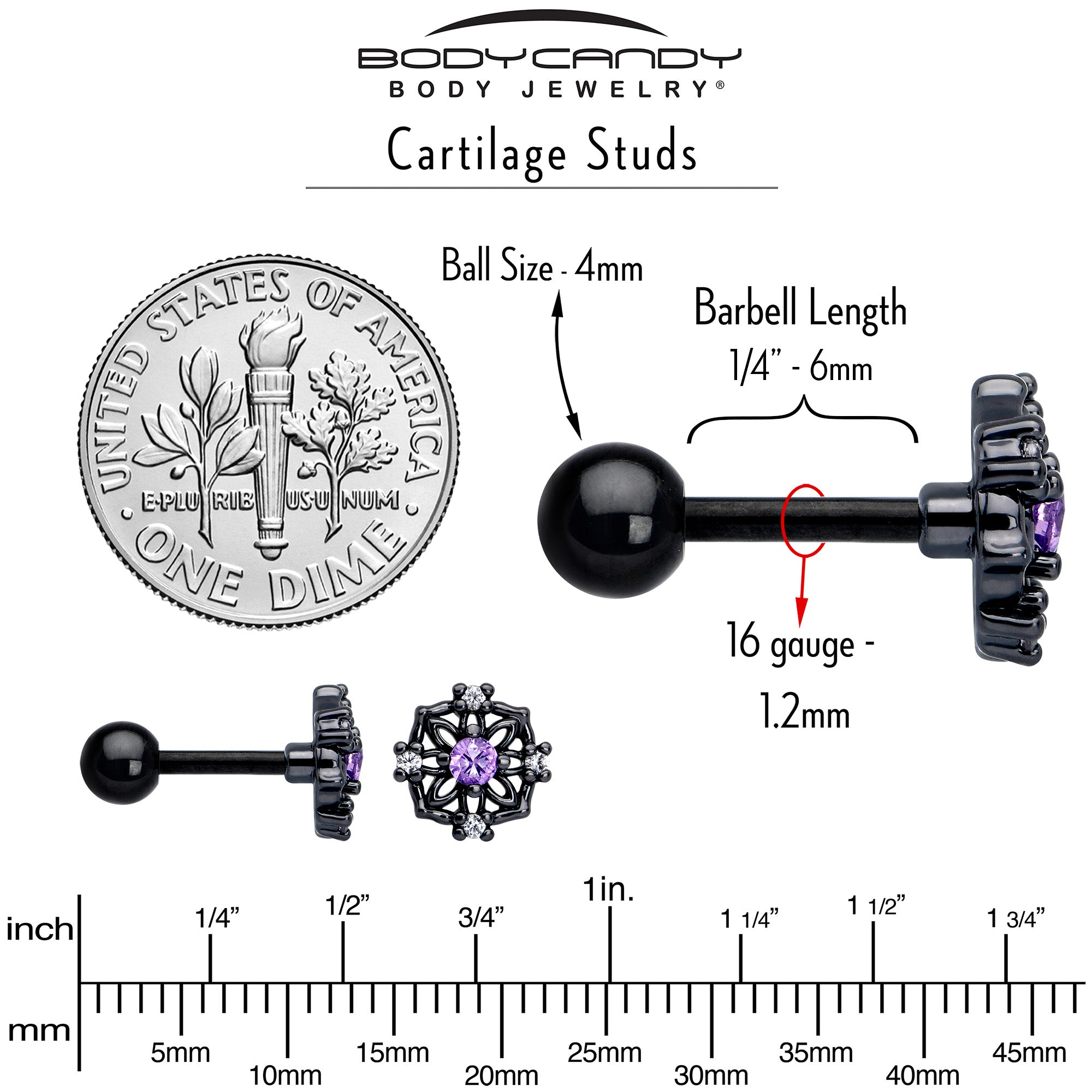 BodyCandy 16G 1/4 Purple CZ Gem Black Flower Ring Cartilage Tragus Earring — back view