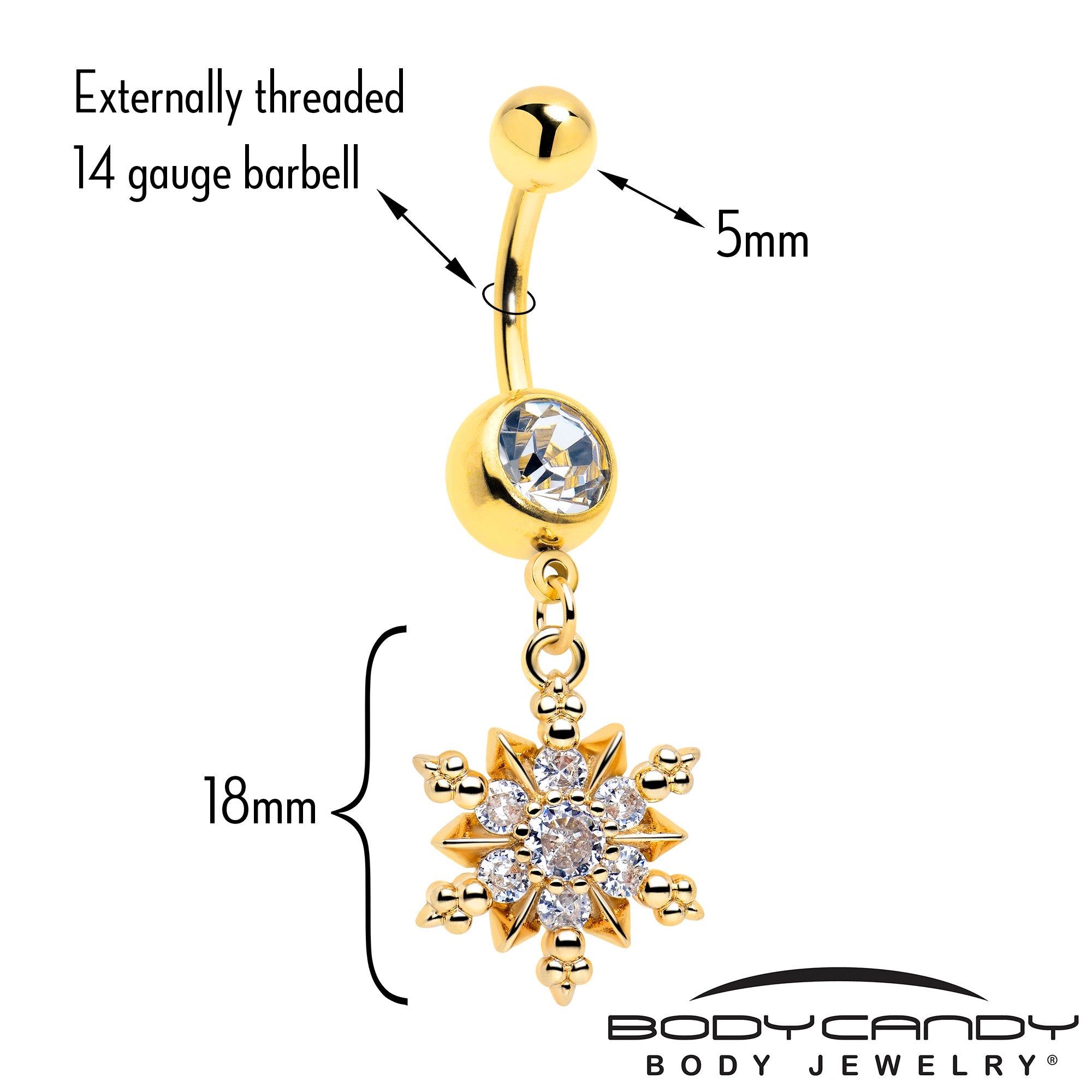 BodyCandy Clear CZ Gem Gold Tone Glam Snowflake Dangle Belly Ring — detail close-up