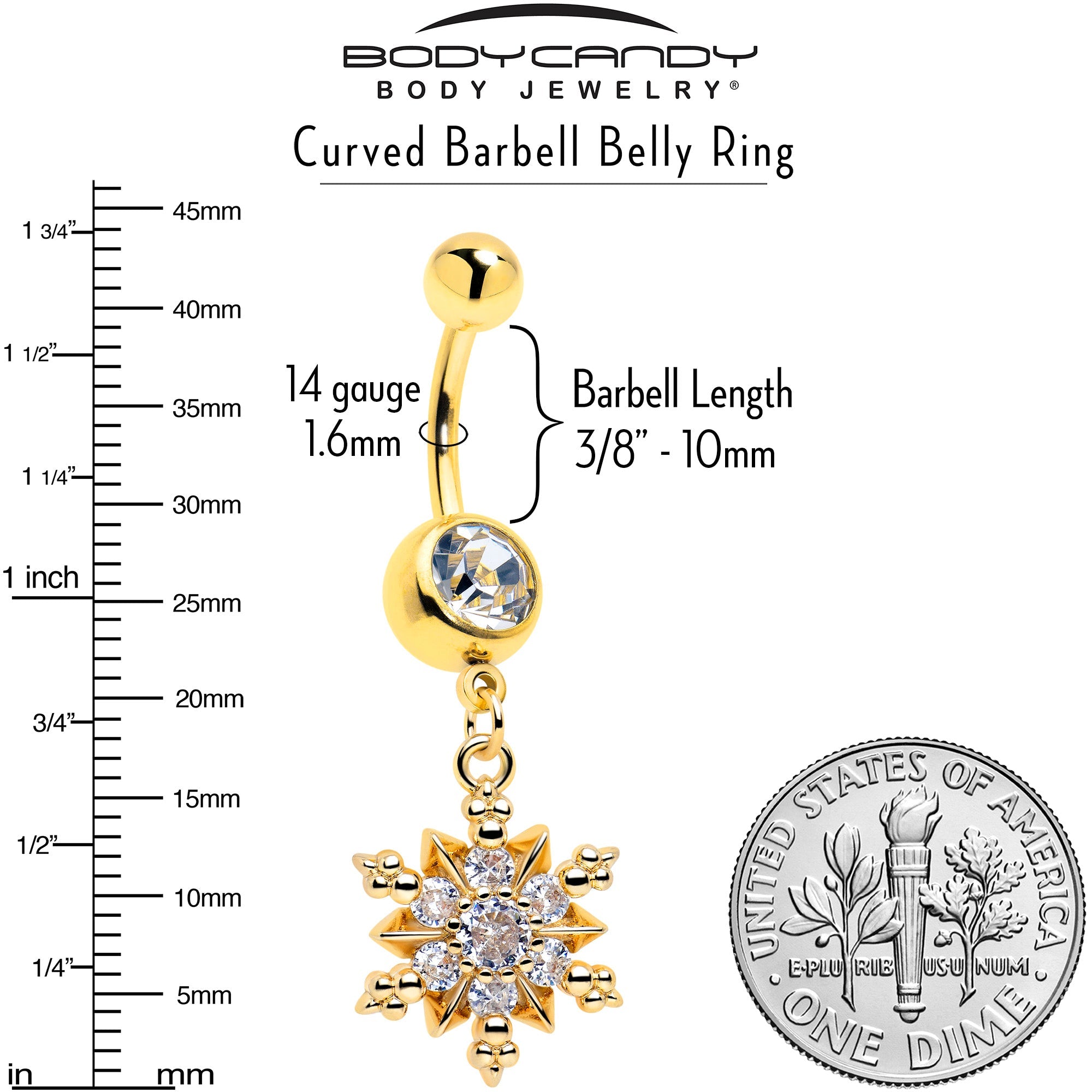 BodyCandy Clear CZ Gem Gold Tone Glam Snowflake Dangle Belly Ring — lifestyle context