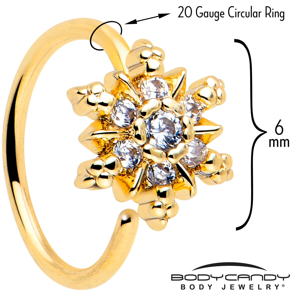 BodyCandy 20G 5/16 Clear CZ Gem Gold Tone Glam Snowflake Nose Hoop — detail close-up