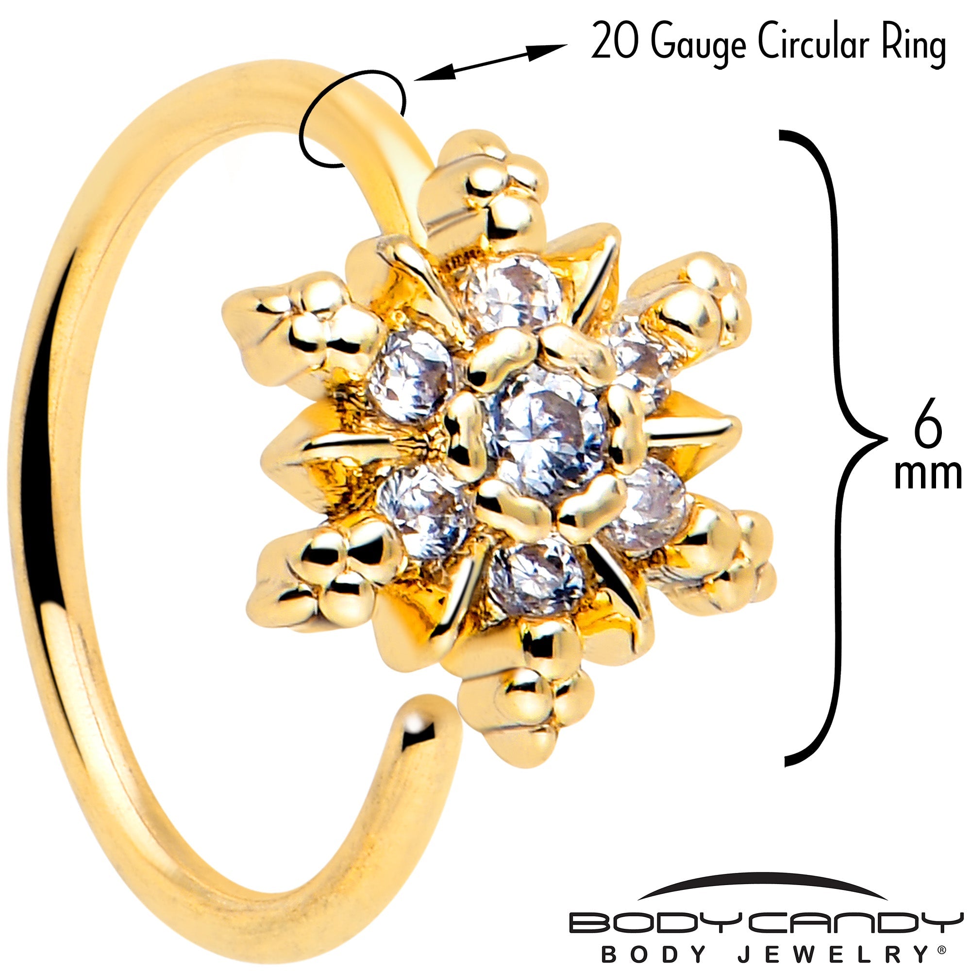 BodyCandy 20G 5/16 Clear CZ Gem Gold Tone Glam Snowflake Nose Hoop — detail close-up