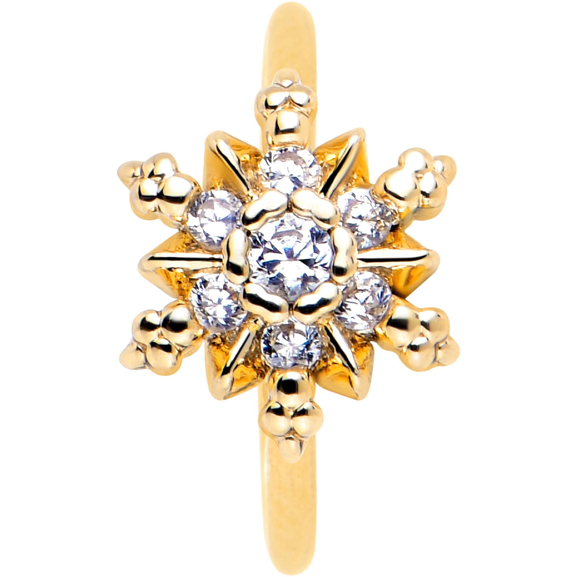 BodyCandy 20G 5/16 Clear CZ Gem Gold Tone Glam Snowflake Nose Hoop — lifestyle context