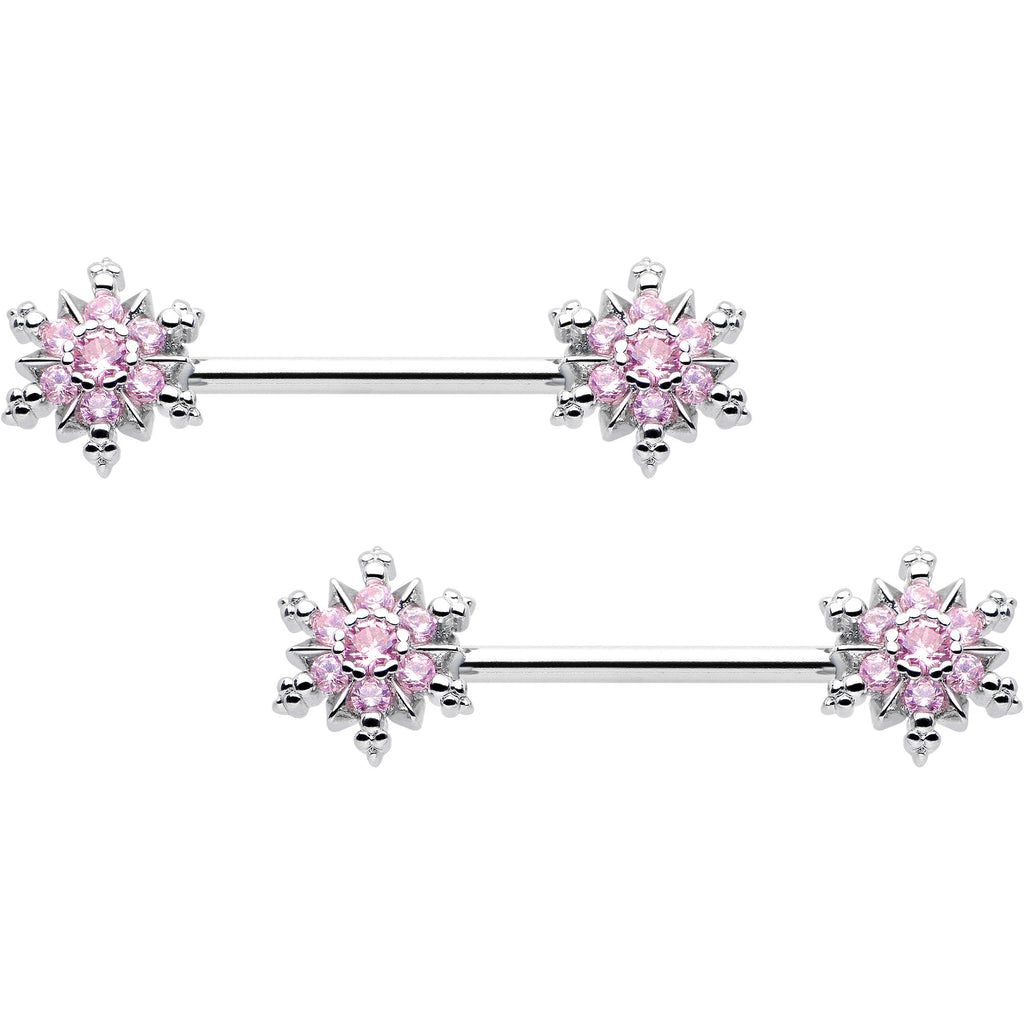BodyCandy 14G 9/16 Pink CZ Gem Snowflake Glam Barbell Nipple Ring Set — back view