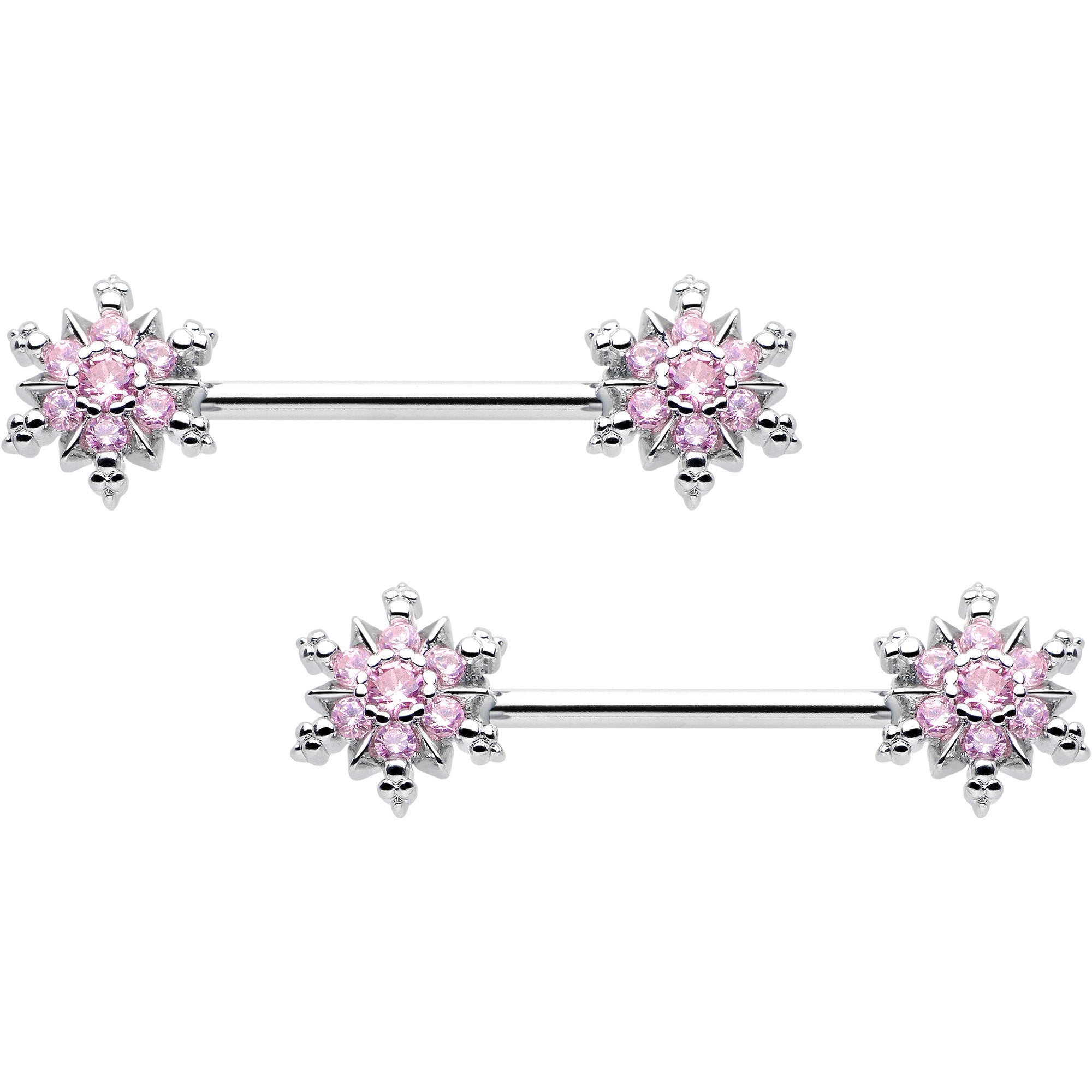 BodyCandy 14G 9/16 Pink CZ Gem Snowflake Glam Barbell Nipple Ring Set — back view