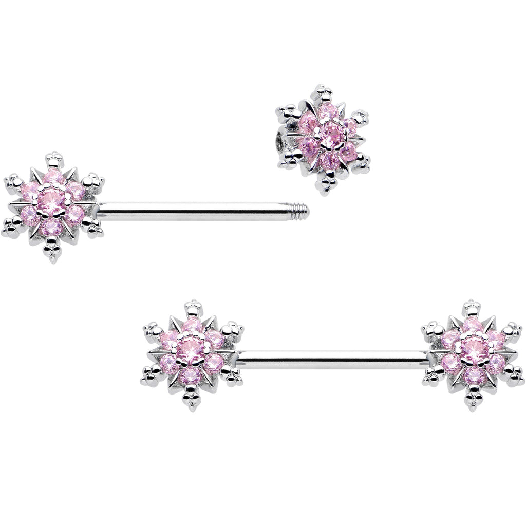 BodyCandy 14G 9/16 Pink CZ Gem Snowflake Glam Barbell Nipple Ring Set — main product shot