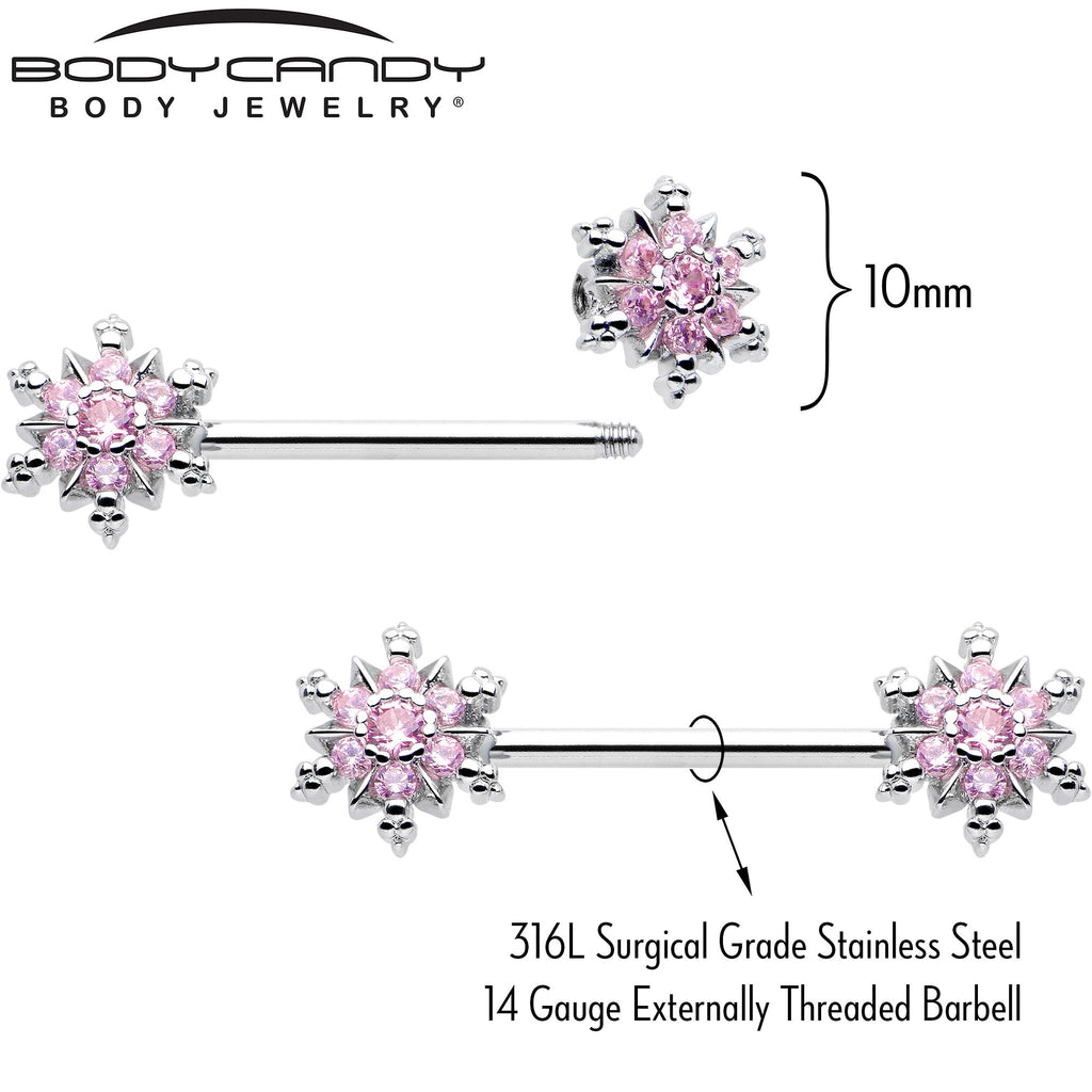 BodyCandy 14G 9/16 Pink CZ Gem Snowflake Glam Barbell Nipple Ring Set — detail close-up