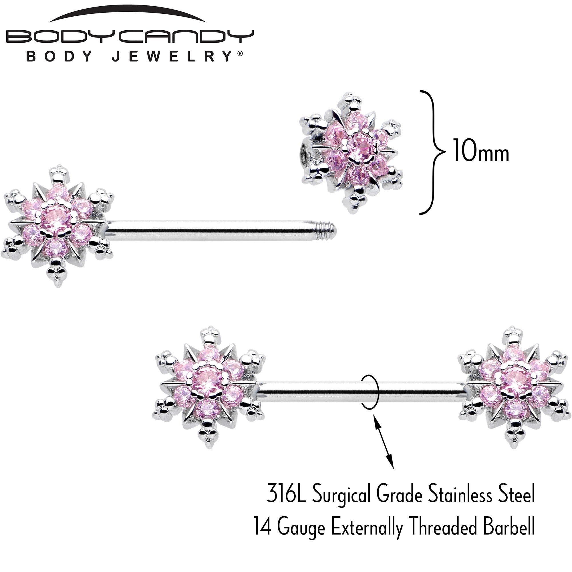 BodyCandy 14G 9/16 Pink CZ Gem Snowflake Glam Barbell Nipple Ring Set — detail close-up