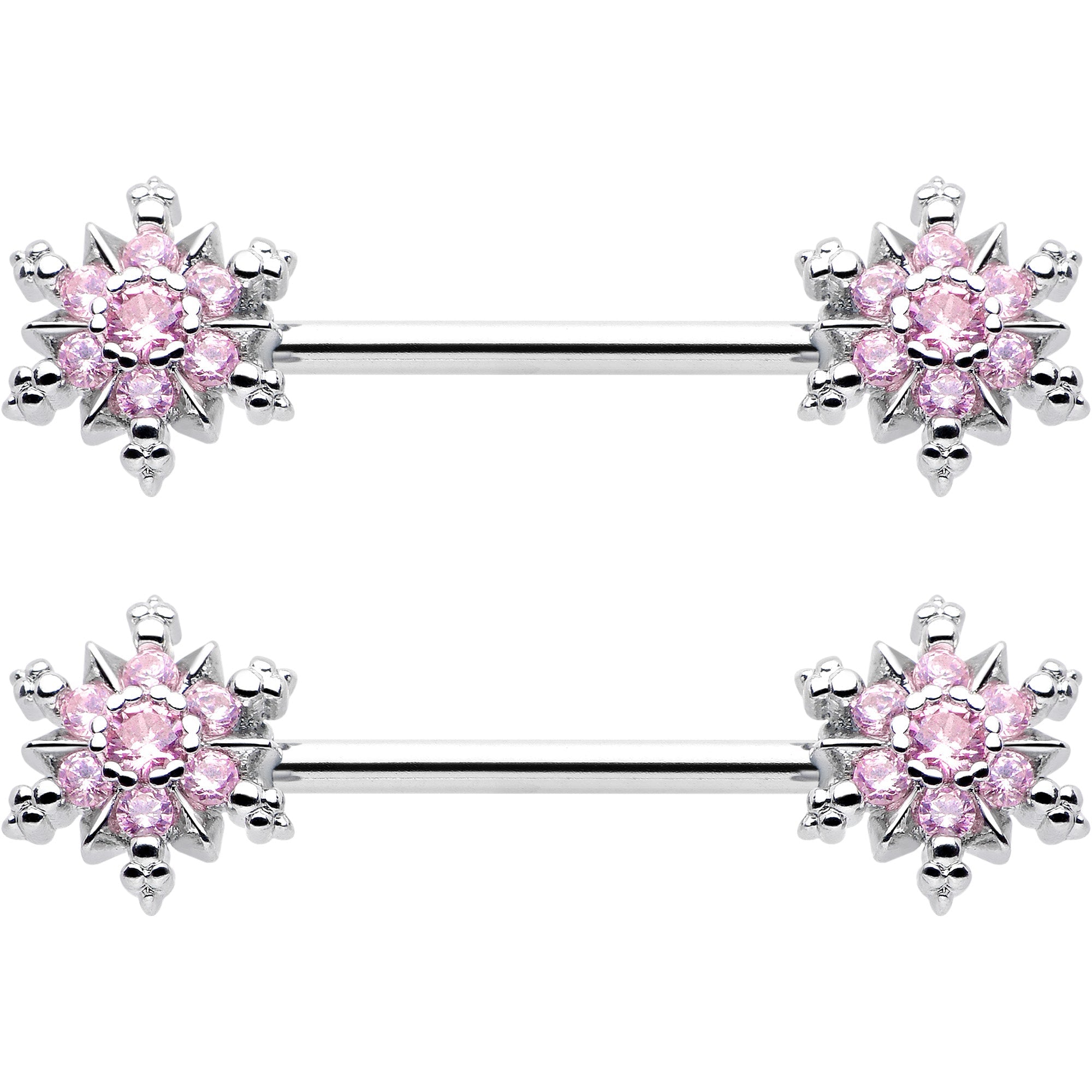 BodyCandy 14G 9/16 Pink CZ Gem Snowflake Glam Barbell Nipple Ring Set — lifestyle context