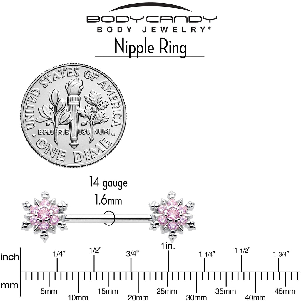 BodyCandy 14G 9/16 Pink CZ Gem Snowflake Glam Barbell Nipple Ring Set — side view