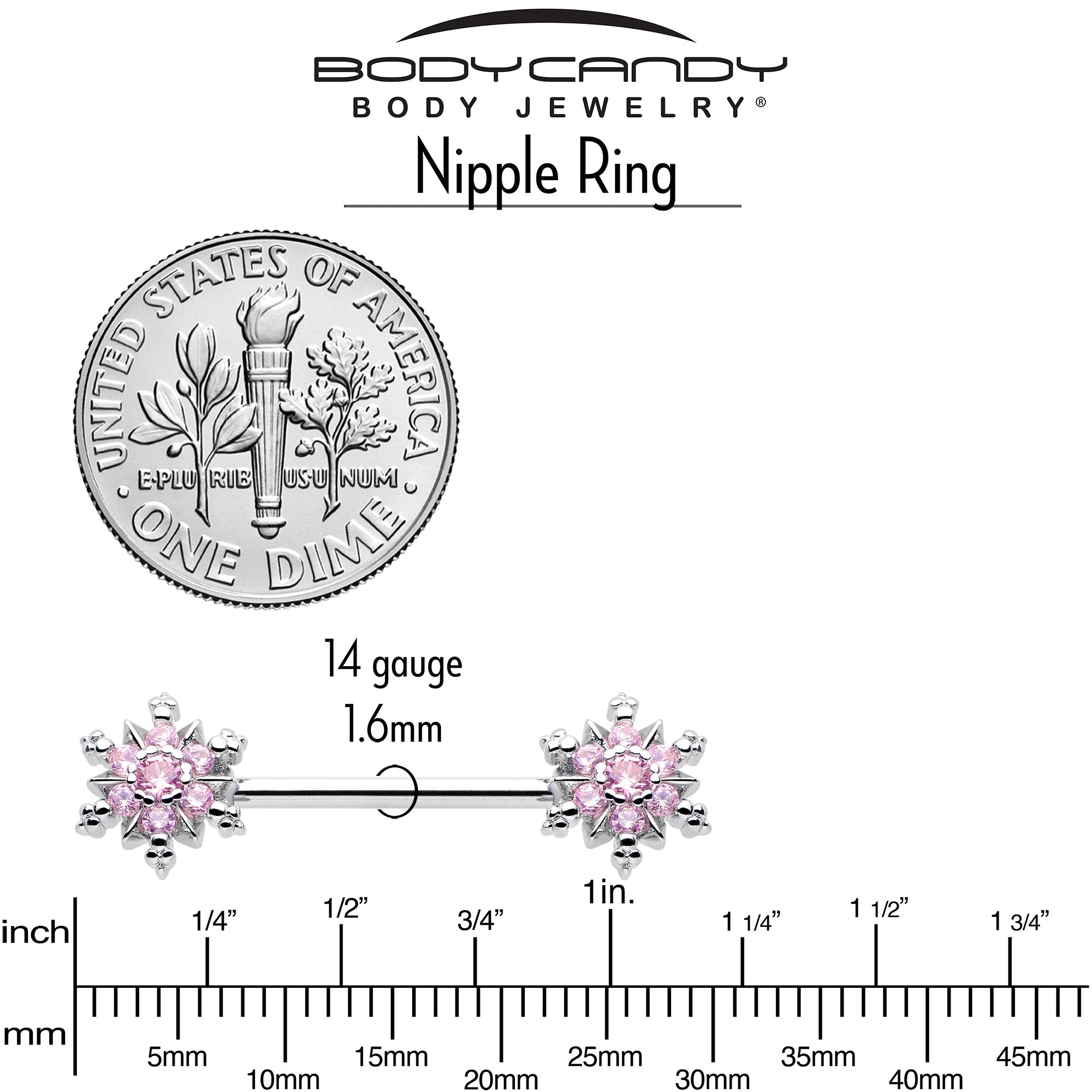 BodyCandy 14G 9/16 Pink CZ Gem Snowflake Glam Barbell Nipple Ring Set — side view