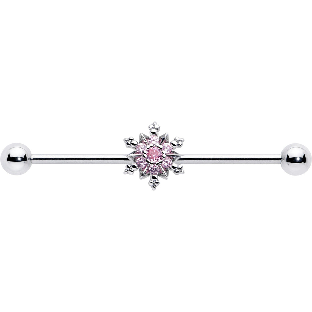 BodyCandy 14G Pink CZ Gem Snowflake Glam Industrial Barbell 38mm — detail close-up