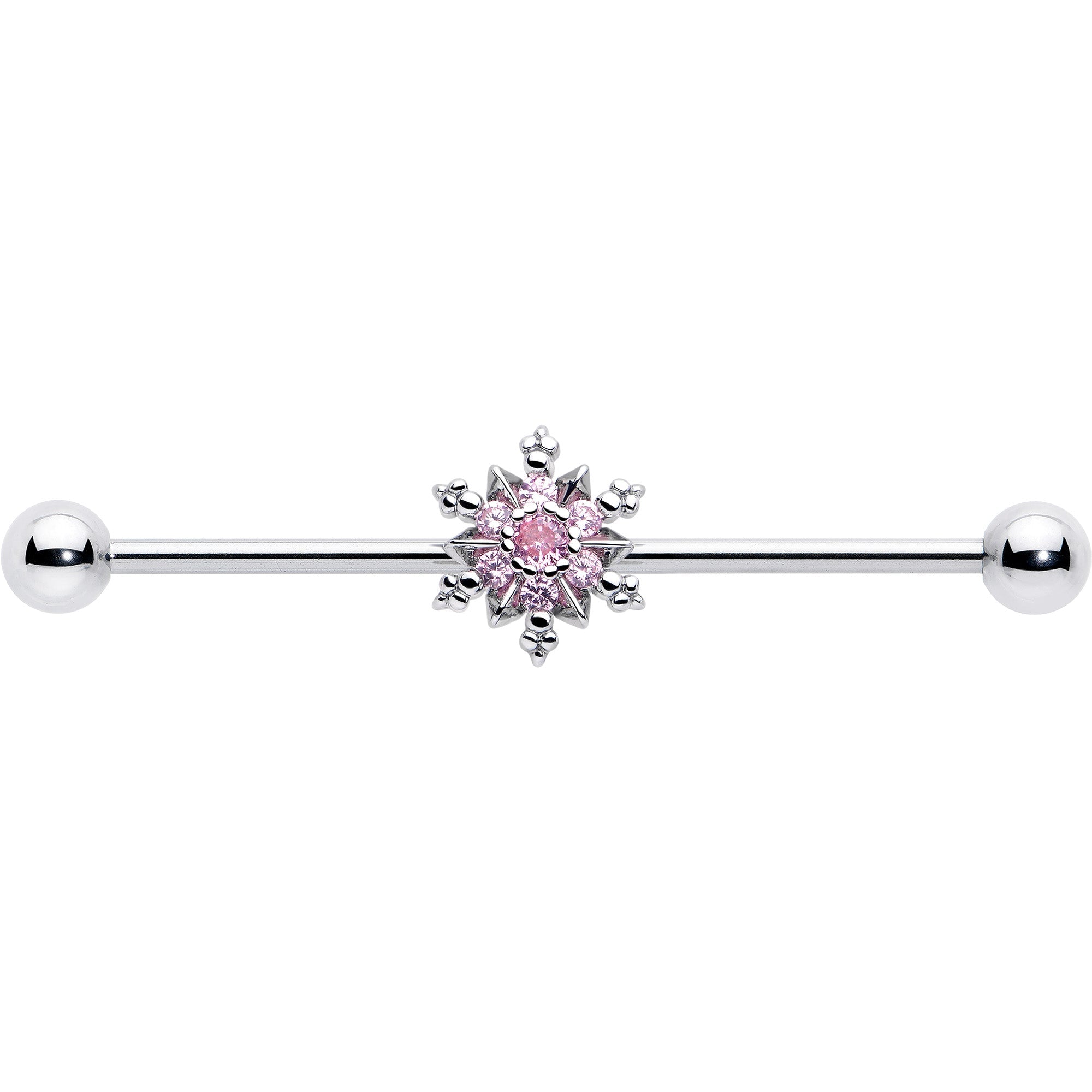 BodyCandy 14G Pink CZ Gem Snowflake Glam Industrial Barbell 38mm — detail close-up