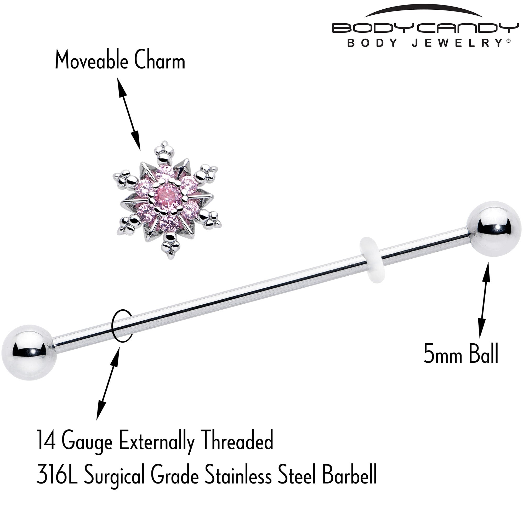 BodyCandy 14G Pink CZ Gem Snowflake Glam Industrial Barbell 38mm — lifestyle context