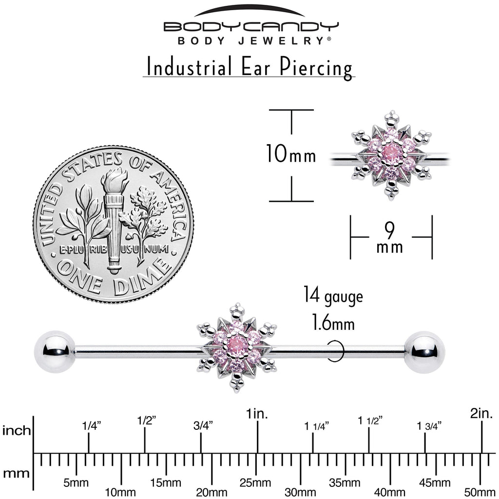 BodyCandy 14G Pink CZ Gem Snowflake Glam Industrial Barbell 38mm — side view