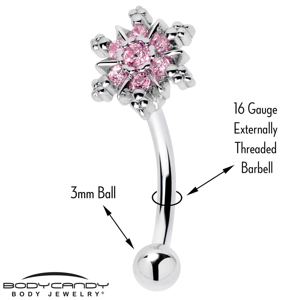 BodyCandy 16G 5/16 Pink CZ Gem Snowflake Glam Curved Eyebrow Ring — detail close-up
