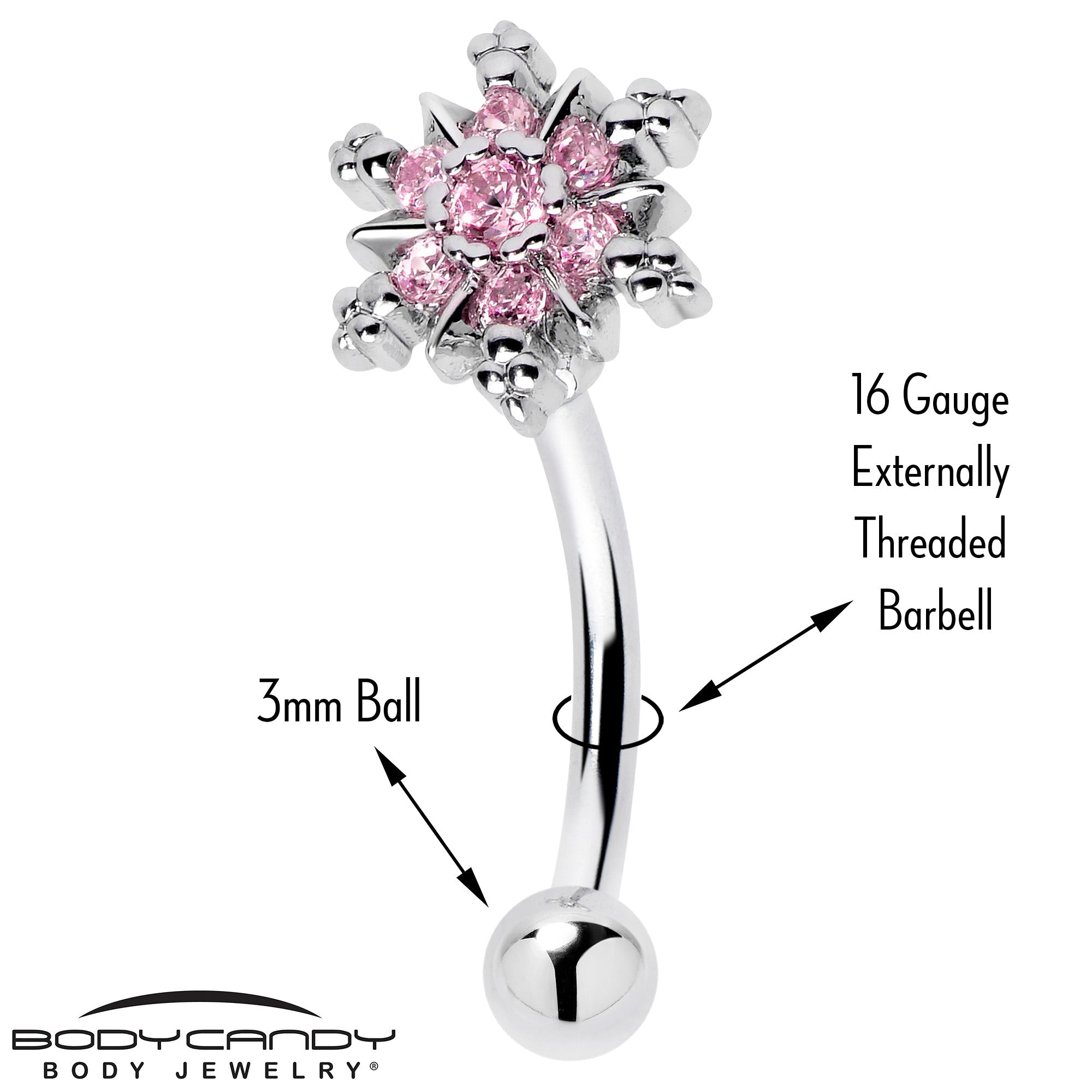 BodyCandy 16G 5/16 Pink CZ Gem Snowflake Glam Curved Eyebrow Ring — detail close-up
