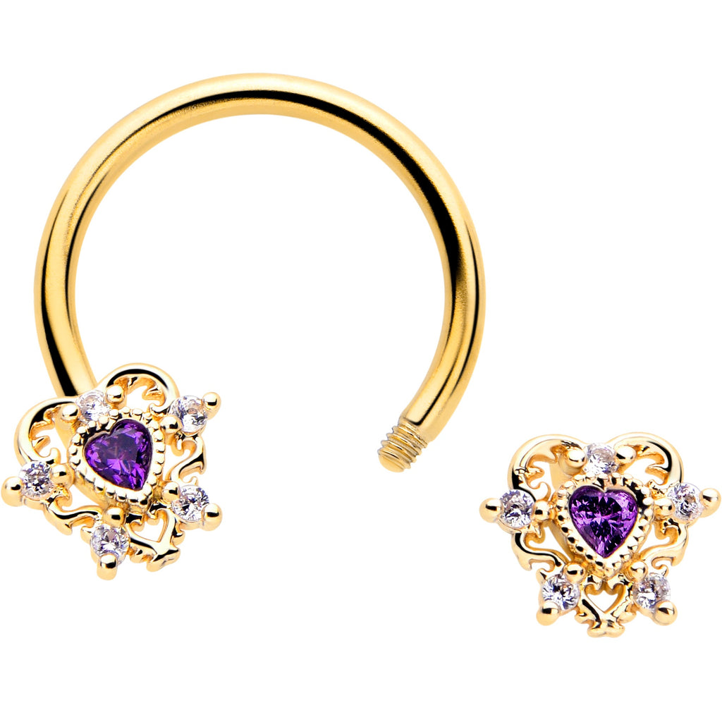 BodyCandy 16G 3/8 Purple CZ Gem Gold Tone Heart of Love Horseshoe — detail close-up