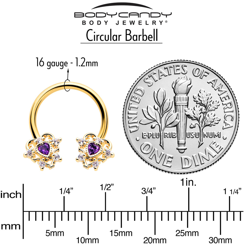 BodyCandy 16G 3/8 Purple CZ Gem Gold Tone Heart of Love Horseshoe — side view