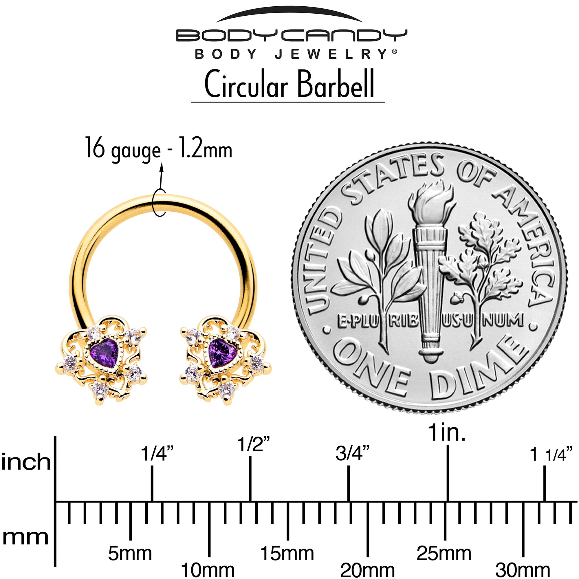 BodyCandy 16G 3/8 Purple CZ Gem Gold Tone Heart of Love Horseshoe — side view