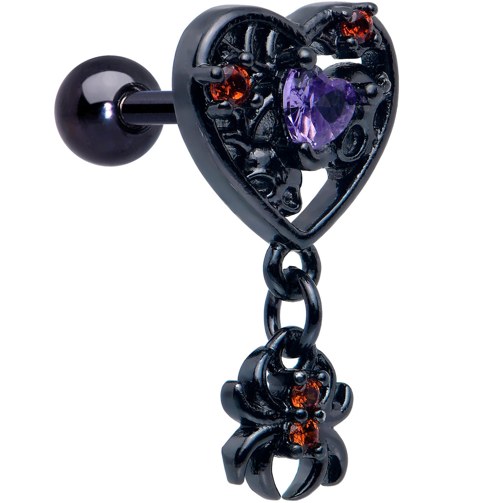 BodyCandy 16G 1/4 Red CZ Gem Black Heart Spider Skull Dangle Cartilage Earring — main product shot