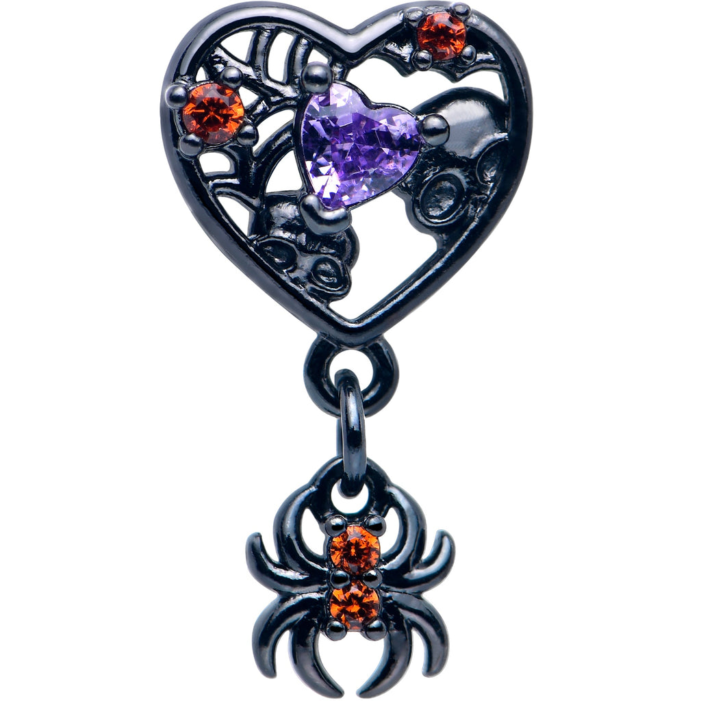 BodyCandy 16G 1/4 Red CZ Gem Black Heart Spider Skull Dangle Cartilage Earring — detail close-up