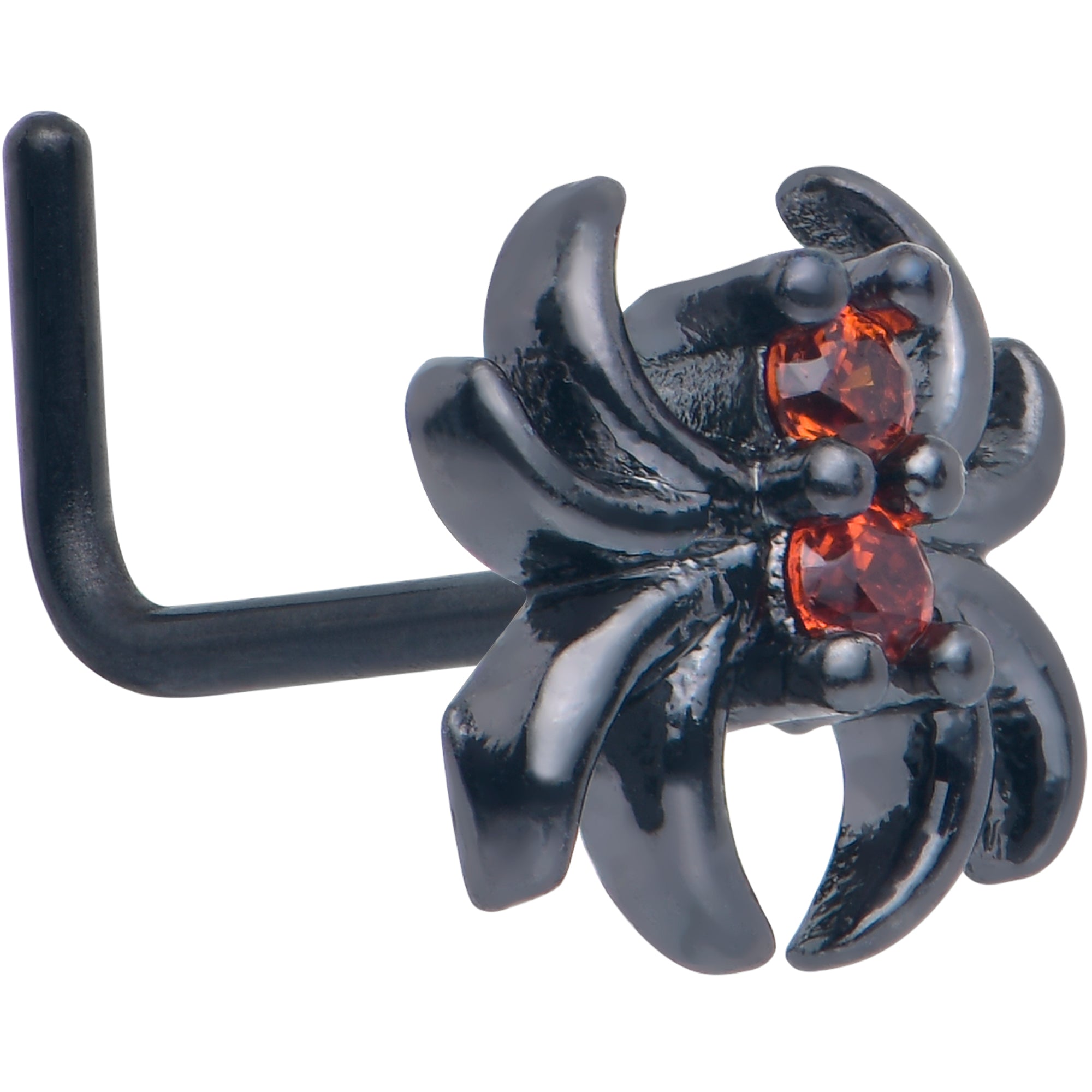 BodyCandy 20G 7mm Red CZ Gem Black Sleek Spider L Shape Nose Ring — main product shot