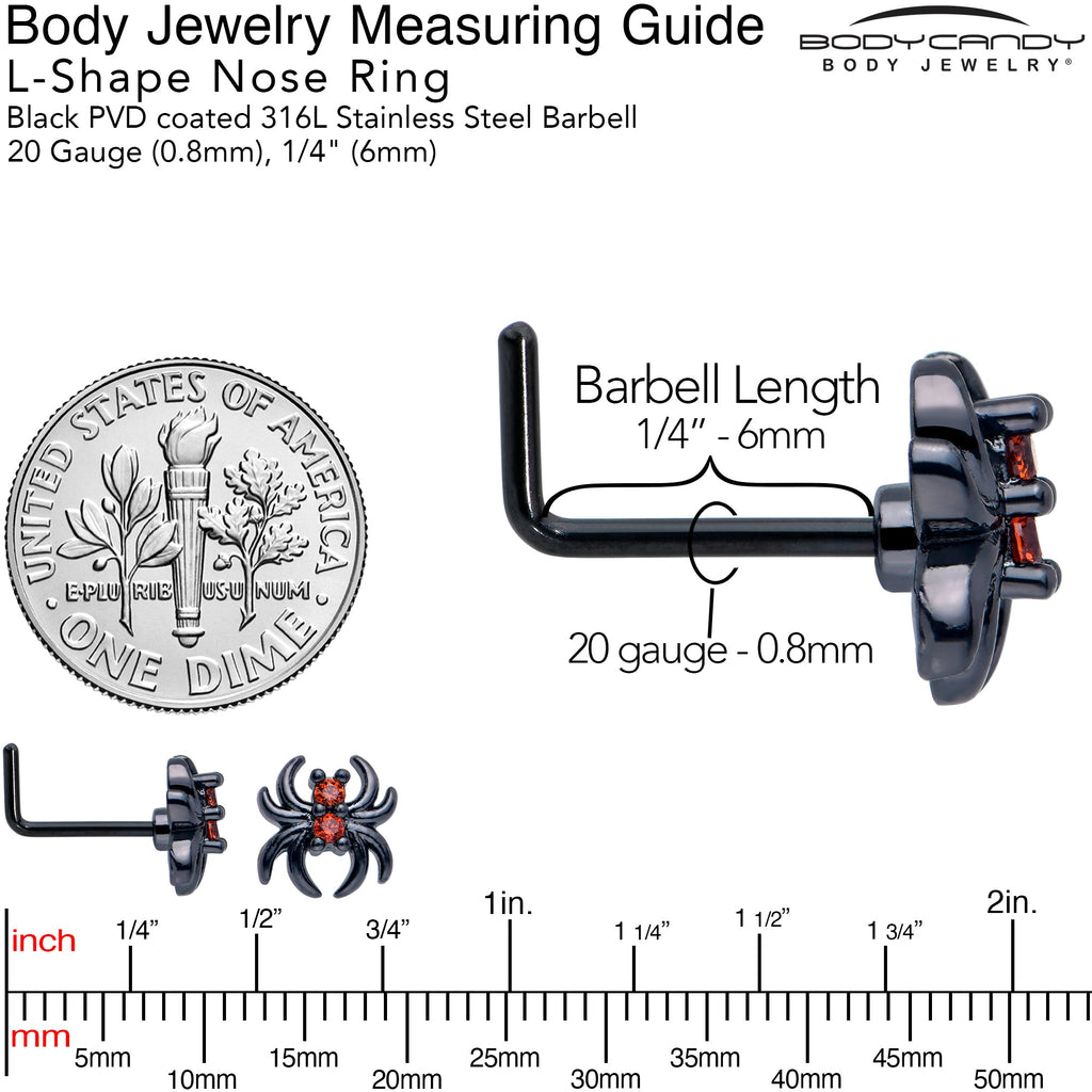 BodyCandy 20G 7mm Red CZ Gem Black Sleek Spider L Shape Nose Ring — side view