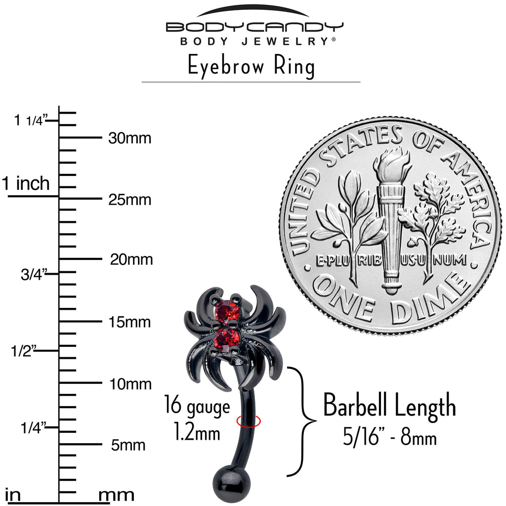BodyCandy 16G 5/16 Red CZ Gem Black Sleek Spider Curved Eyebrow Ring — side view