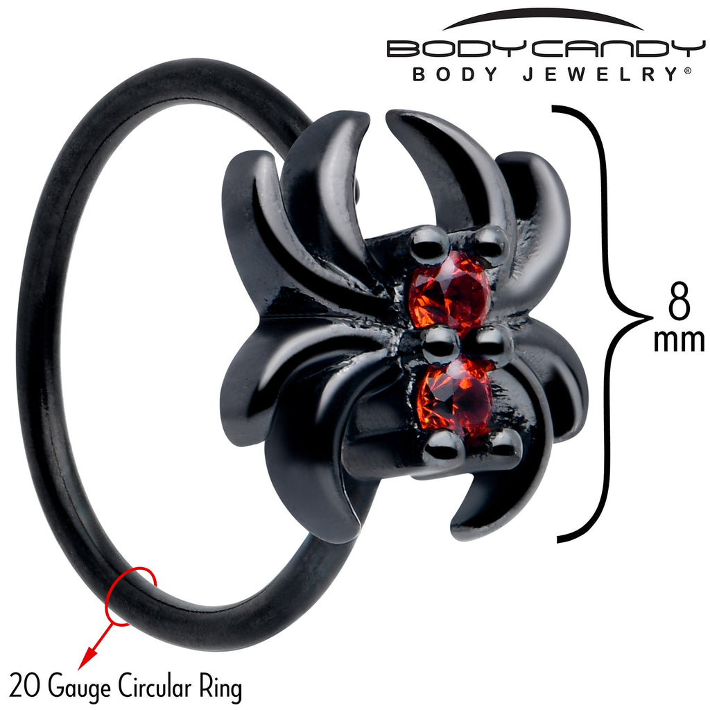 BodyCandy 20G 5/16 Red CZ Gem Black Sleek Spider Nose Hoop — detail close-up