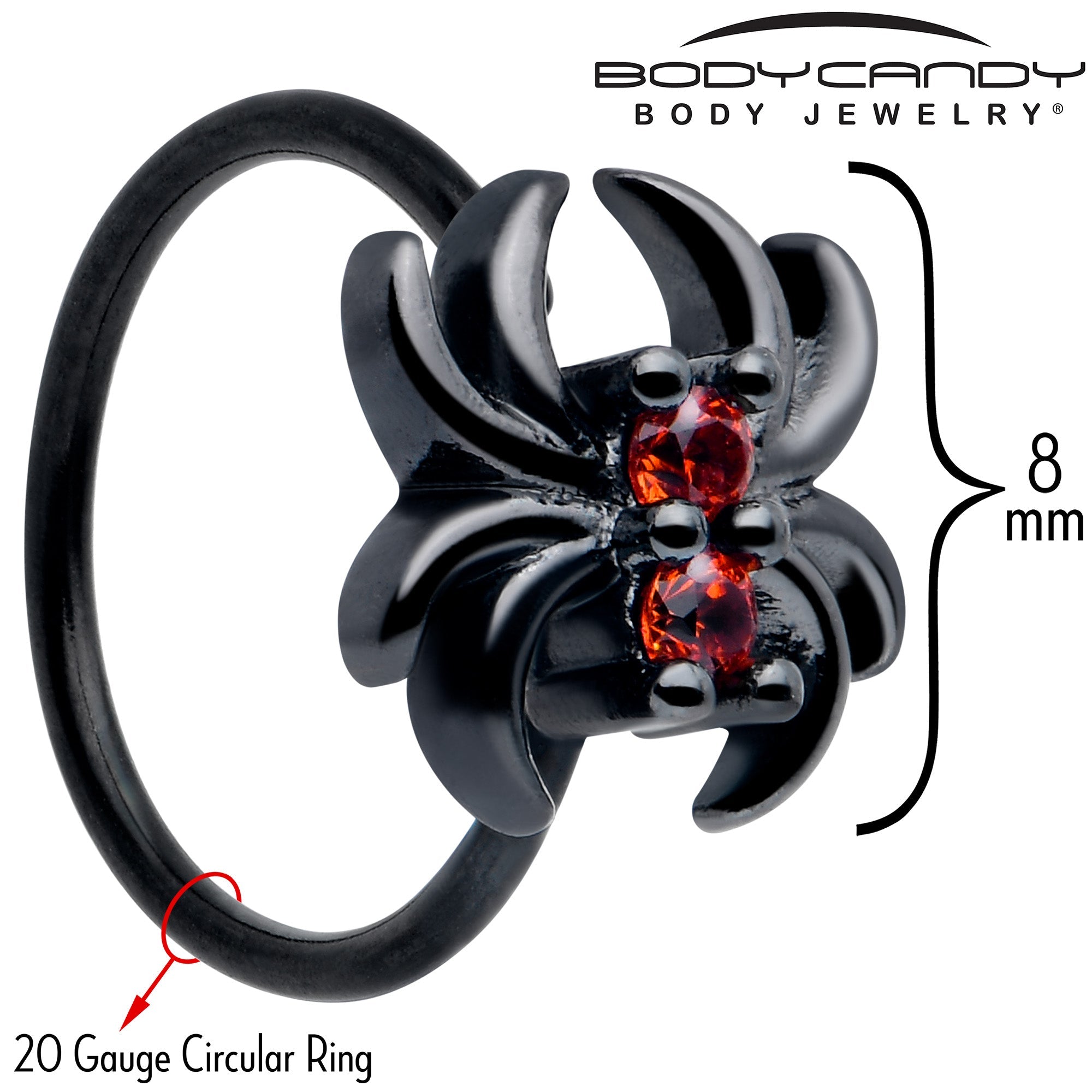 BodyCandy 20G 5/16 Red CZ Gem Black Sleek Spider Nose Hoop — detail close-up