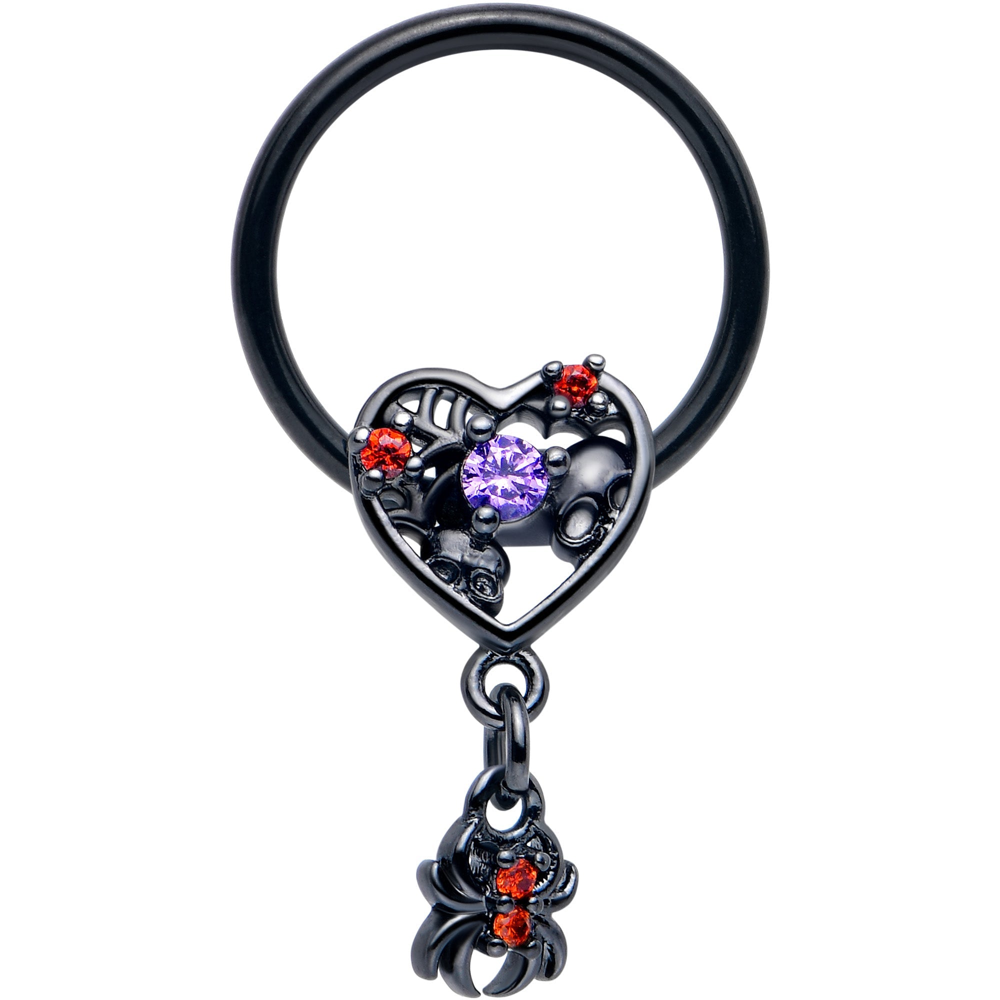 BodyCandy 16G 3/8 Red CZ Gem Black Heart Spider Skull Dangle BCR Captive Ring — main product shot