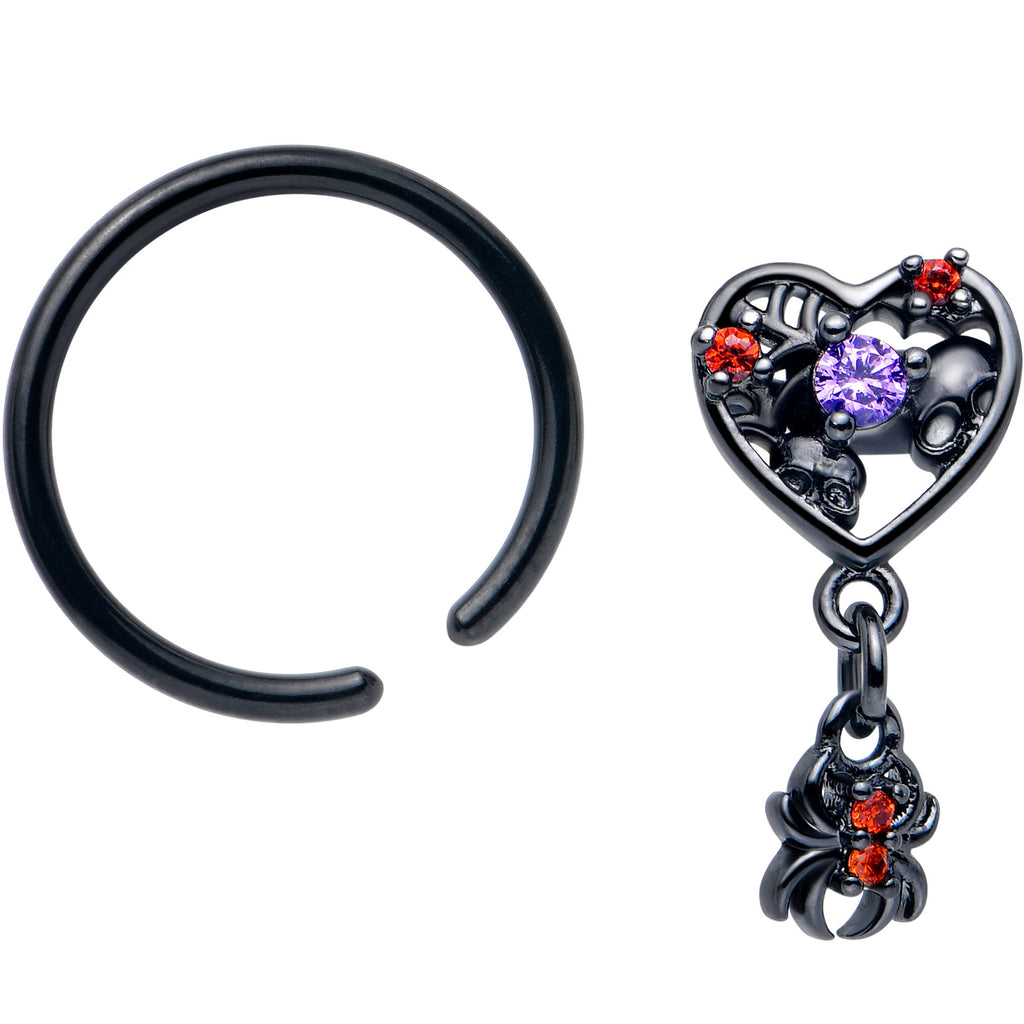 BodyCandy 16G 3/8 Red CZ Gem Black Heart Spider Skull Dangle BCR Captive Ring — detail close-up