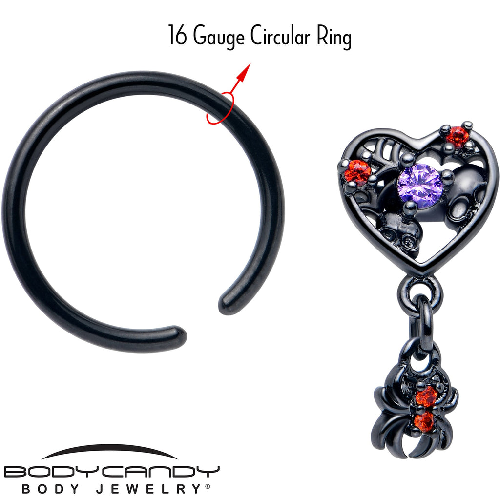 BodyCandy 16G 3/8 Red CZ Gem Black Heart Spider Skull Dangle BCR Captive Ring — side view