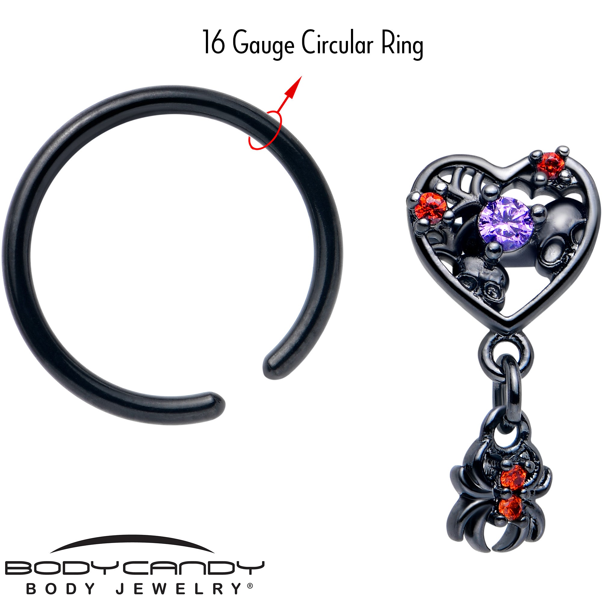 BodyCandy 16G 3/8 Red CZ Gem Black Heart Spider Skull Dangle BCR Captive Ring — side view