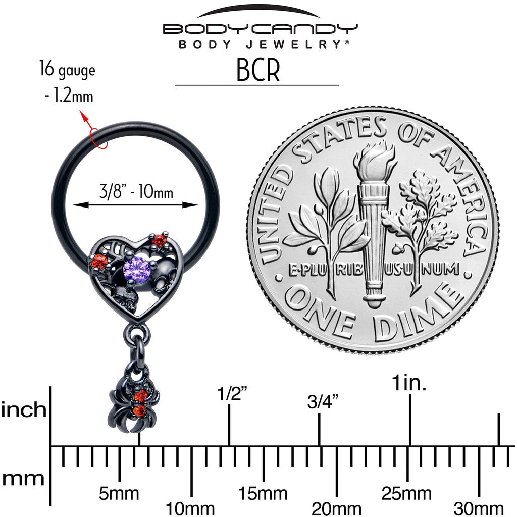 BodyCandy 16G 3/8 Red CZ Gem Black Heart Spider Skull Dangle BCR Captive Ring — back view