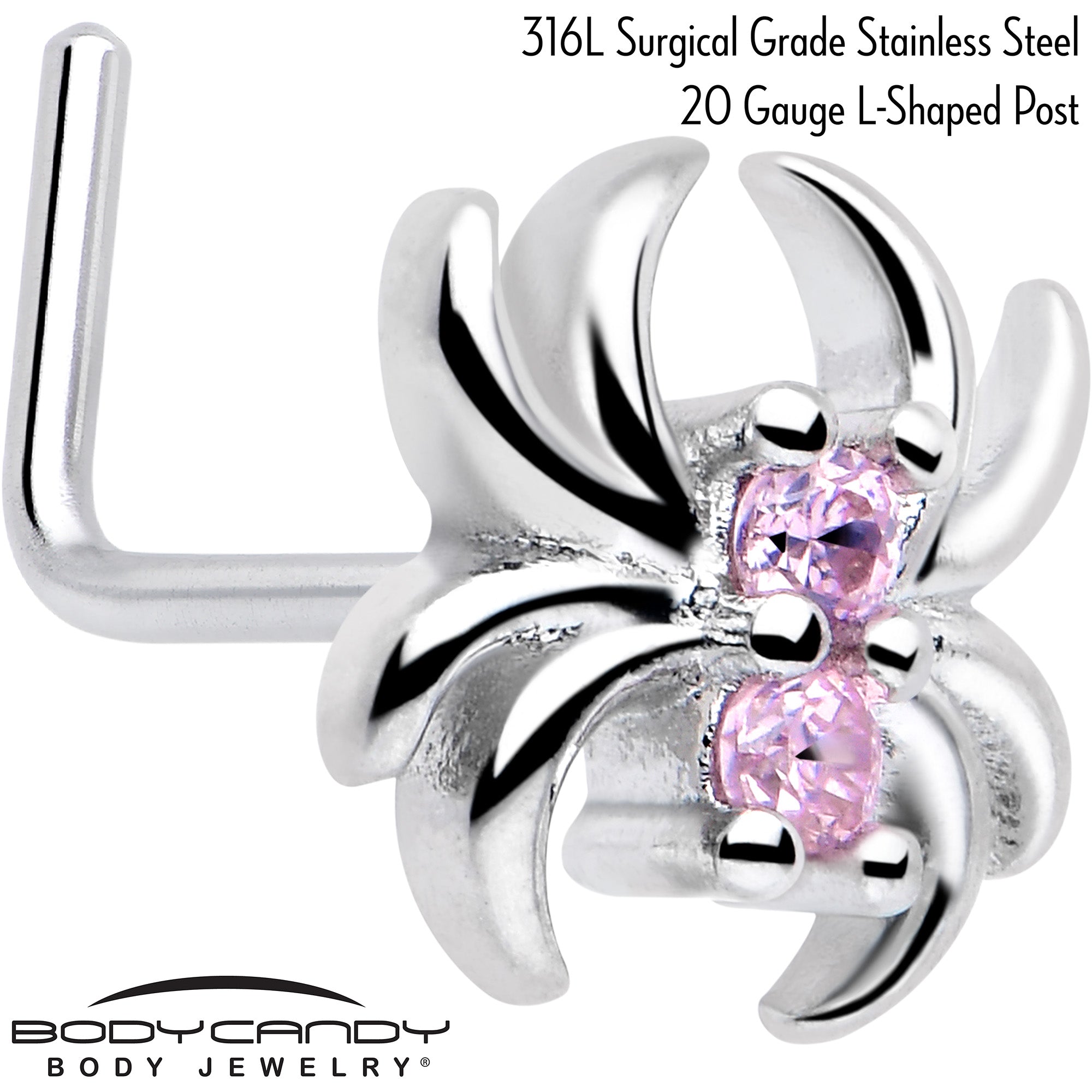 BodyCandy 20G 7mm Pink CZ Gem Sleek Spider L Shape Nose Ring — detail close-up