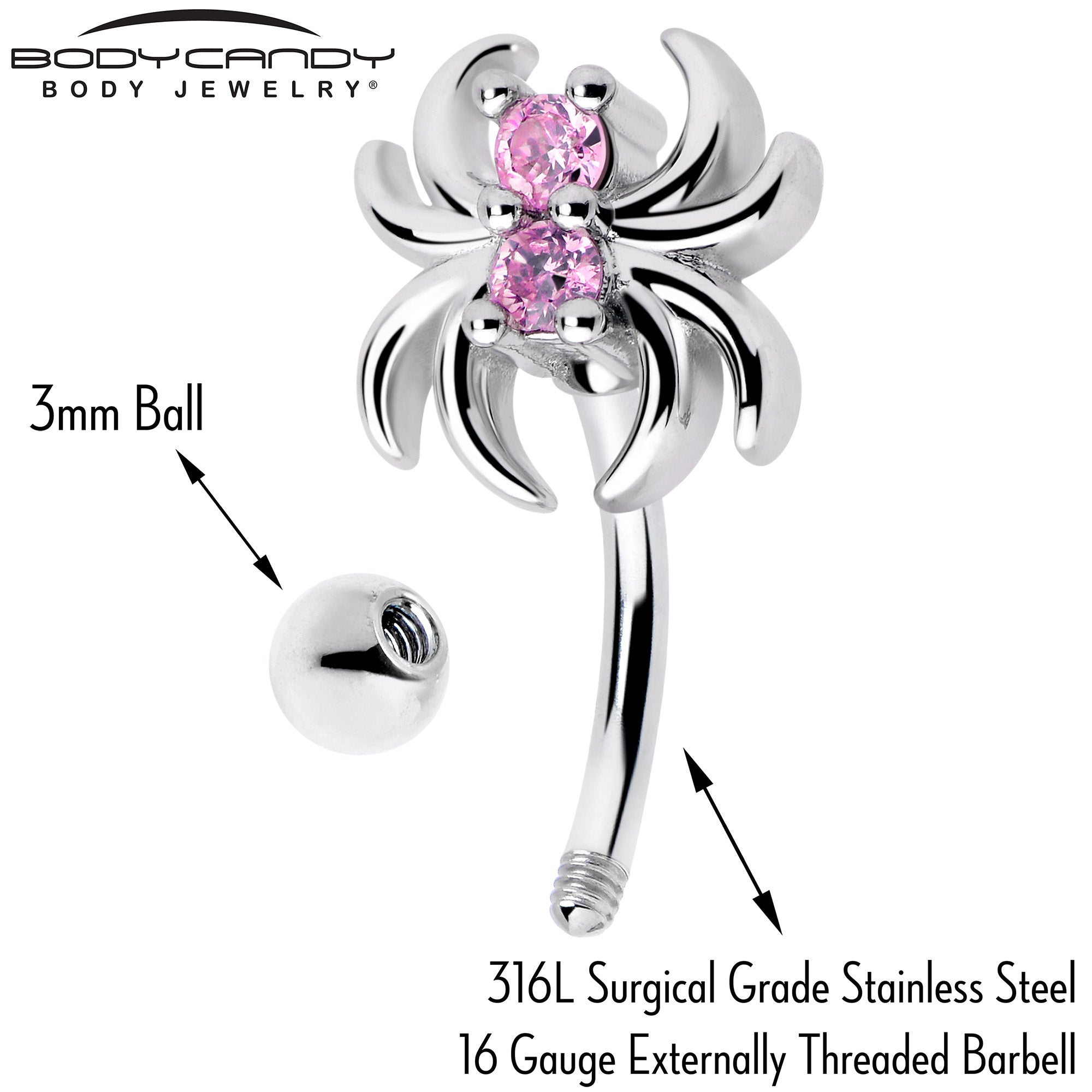 BodyCandy 16G 5/16 Pink CZ Gem Sleek Spider Curved Eyebrow Ring — side view