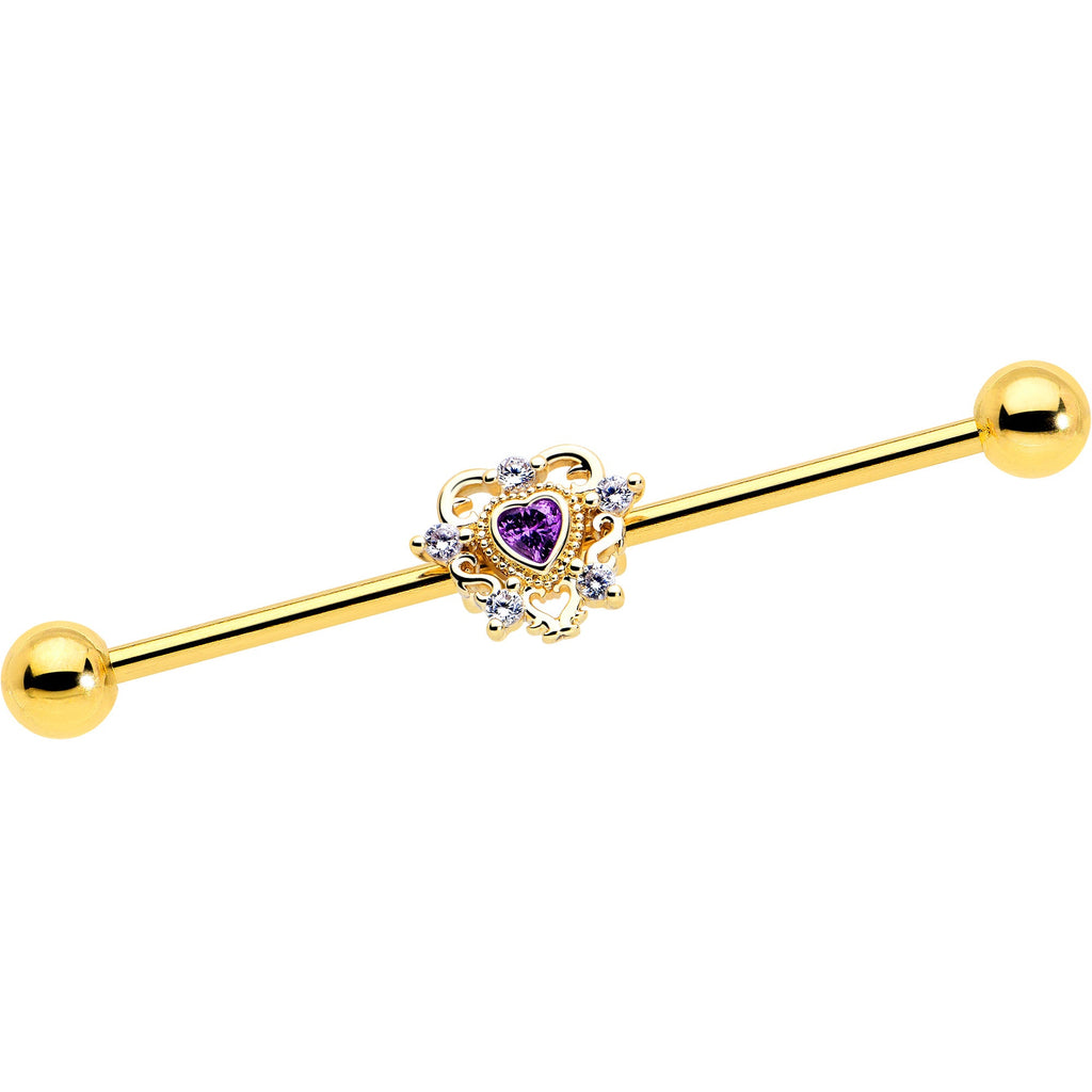 BodyCandy 14G Purple CZ Gem Gold Tone Heart of Love Industrial Barbell 38mm — main product shot