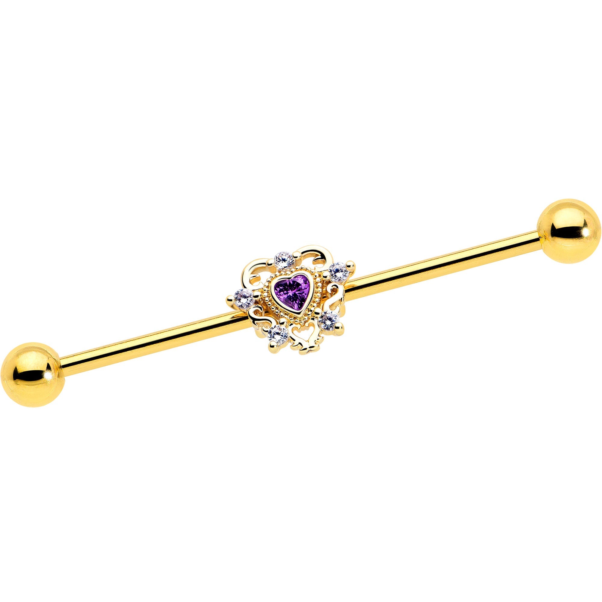 BodyCandy 14G Purple CZ Gem Gold Tone Heart of Love Industrial Barbell 38mm — main product shot
