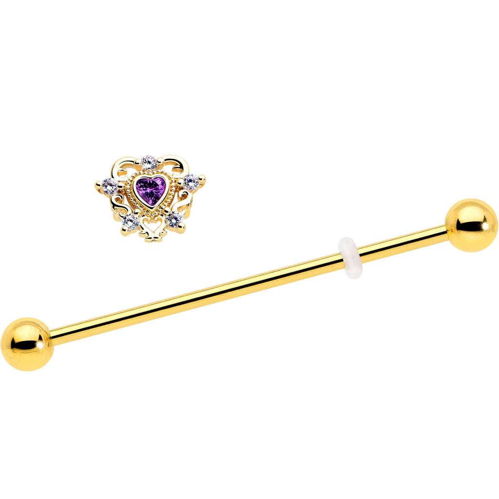 BodyCandy 14G Purple CZ Gem Gold Tone Heart of Love Industrial Barbell 38mm — detail close-up