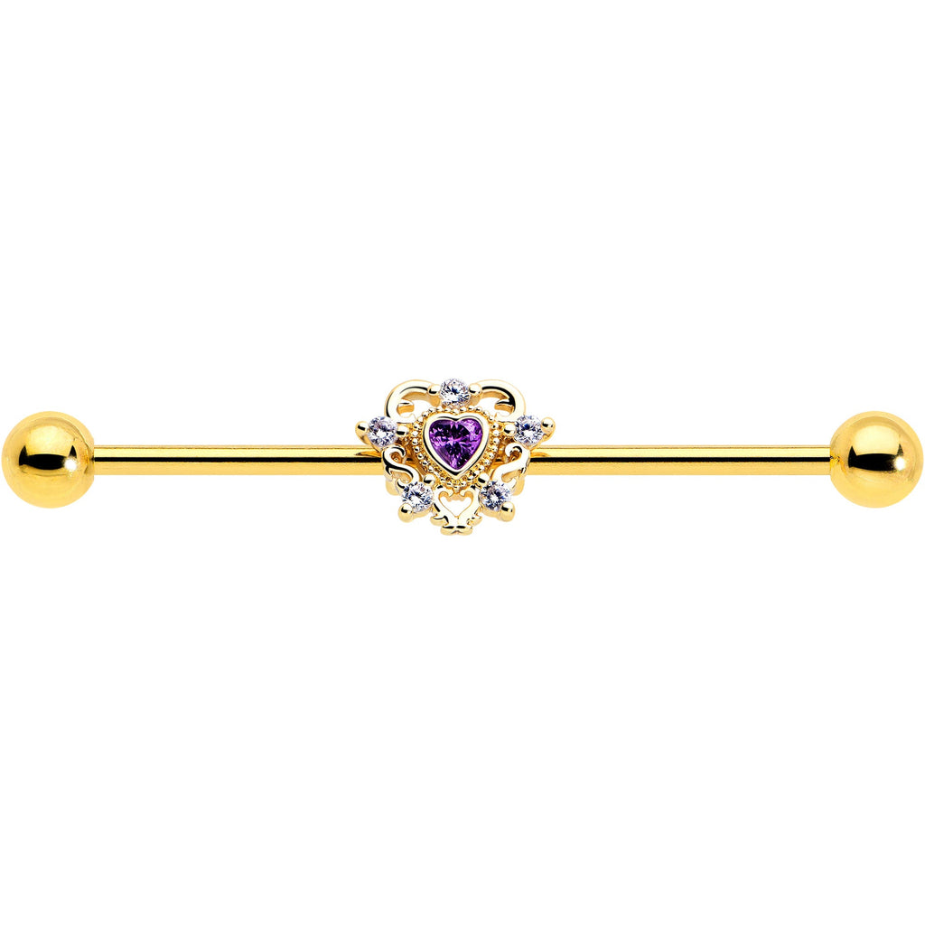 BodyCandy 14G Purple CZ Gem Gold Tone Heart of Love Industrial Barbell 38mm — lifestyle context