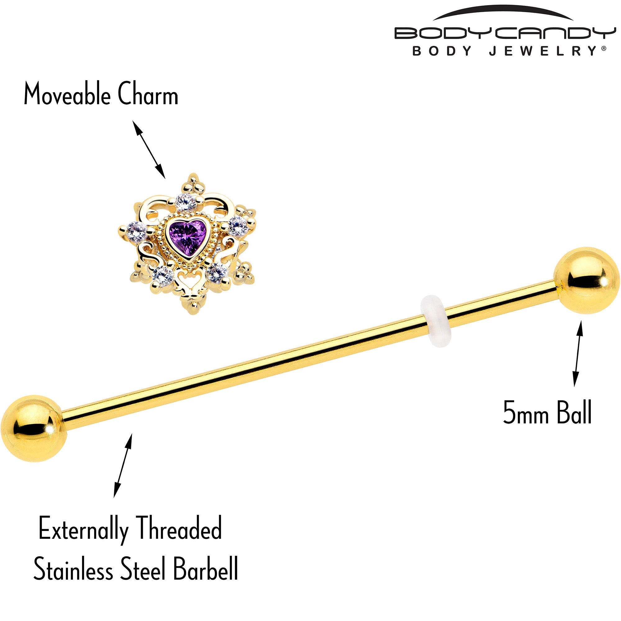 BodyCandy 14G Purple CZ Gem Gold Tone Heart of Love Industrial Barbell 38mm — side view