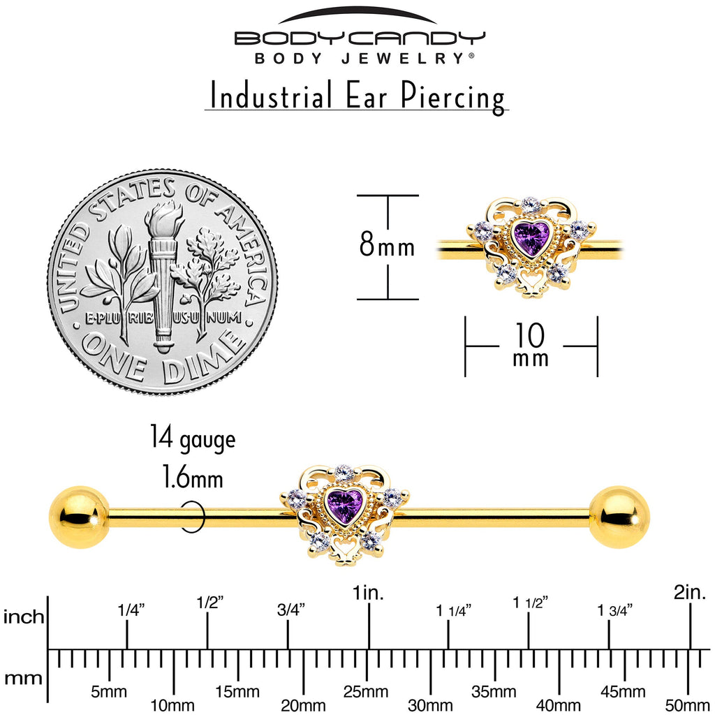 BodyCandy 14G Purple CZ Gem Gold Tone Heart of Love Industrial Barbell 38mm — back view