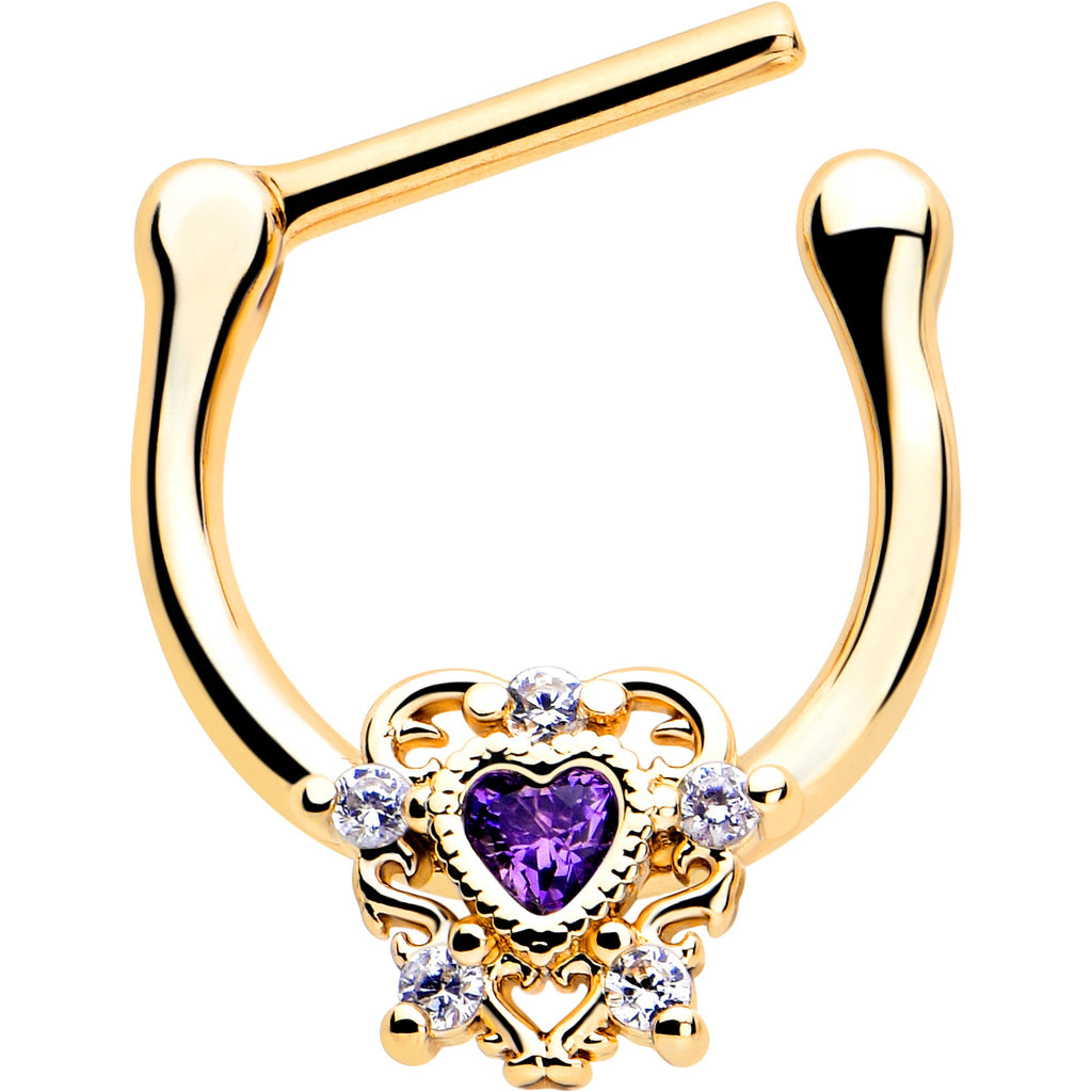 BodyCandy 16G 5/16 Purple CZ Gem Gold Tone Heart of Love Cartilage Clicker — detail close-up