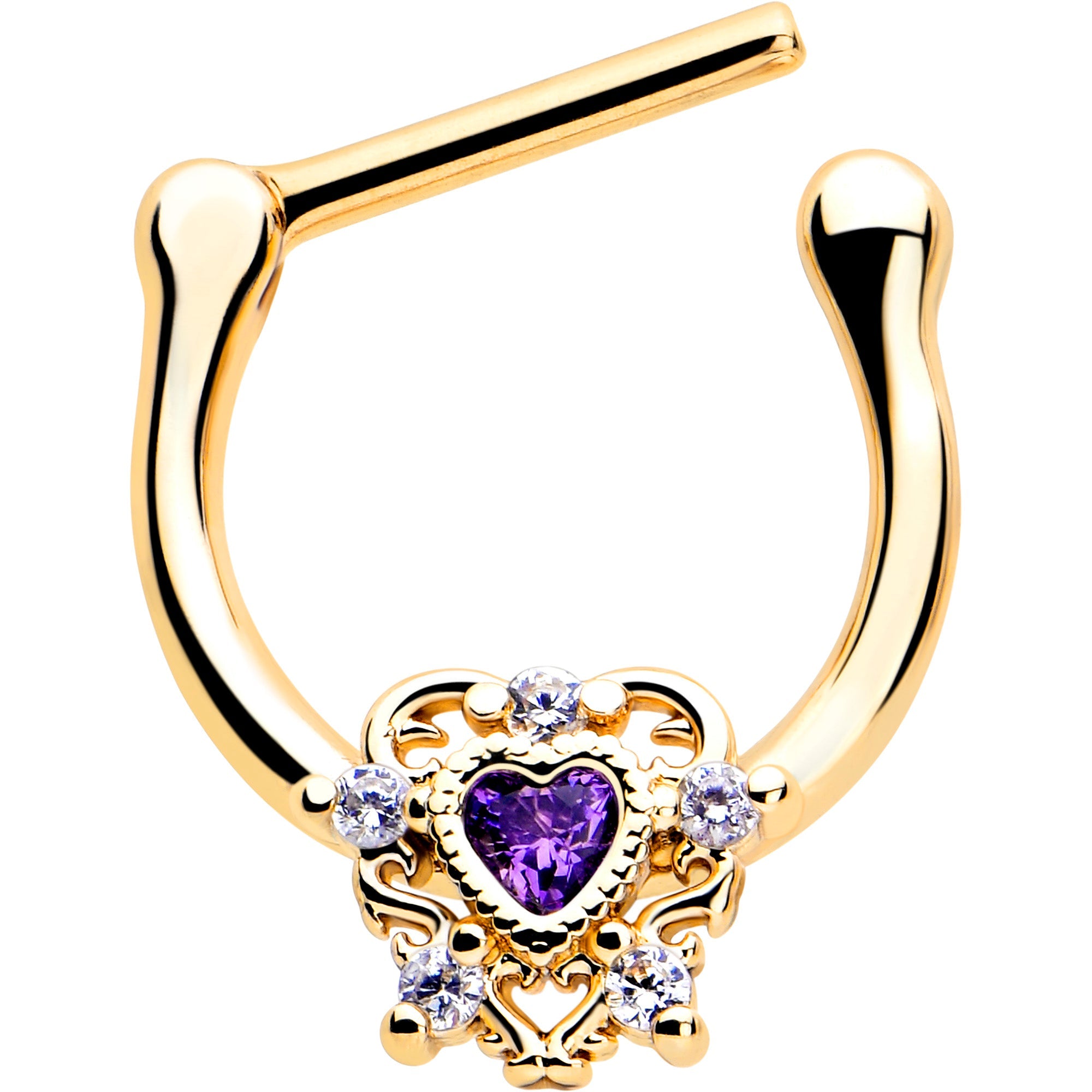 BodyCandy 16G 5/16 Purple CZ Gem Gold Tone Heart of Love Cartilage Clicker — detail close-up
